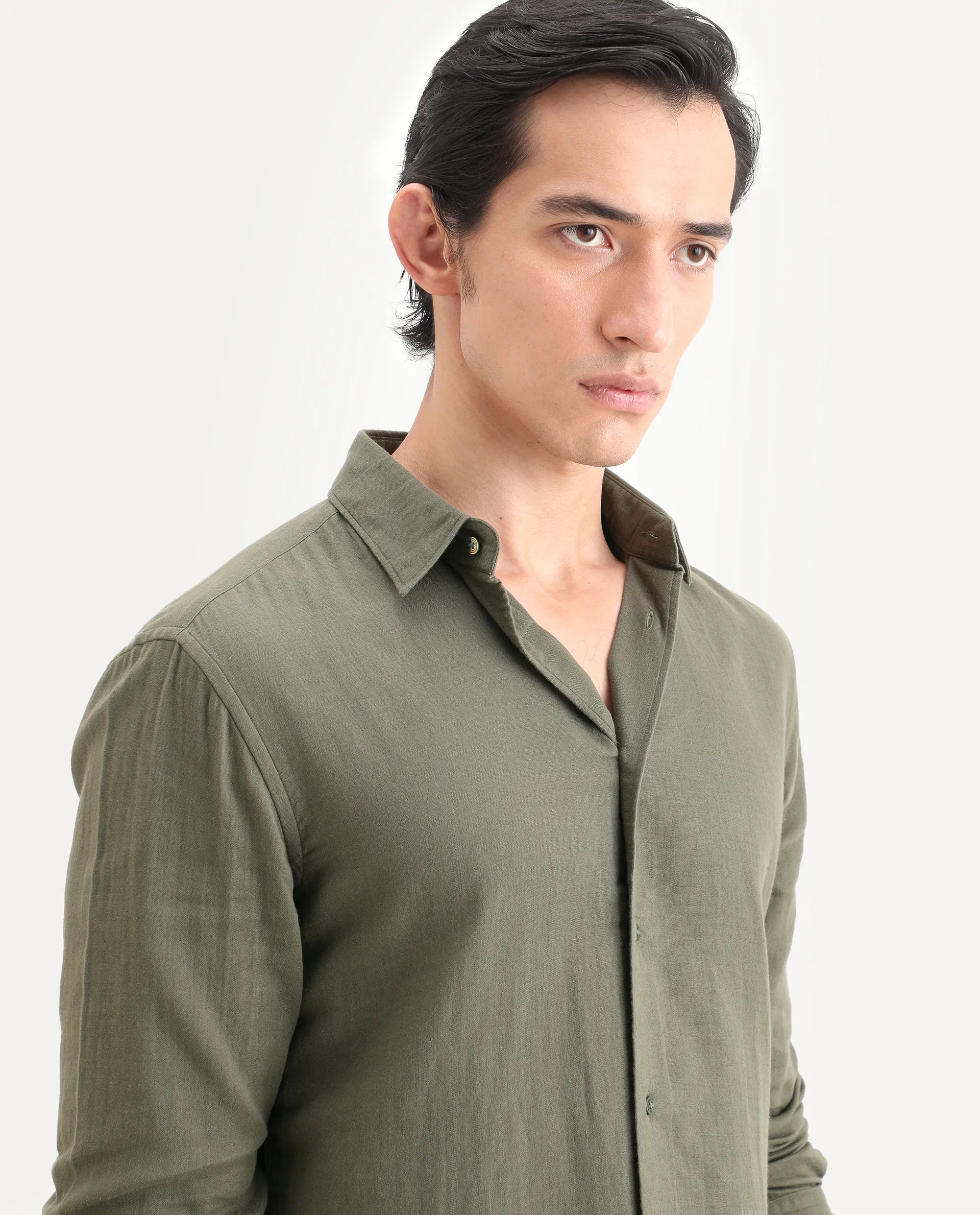 Rare Rabbit Men's Layerr-Ls Olive Cotton Plain Regular Fit Full Sleeve Collared Shirt