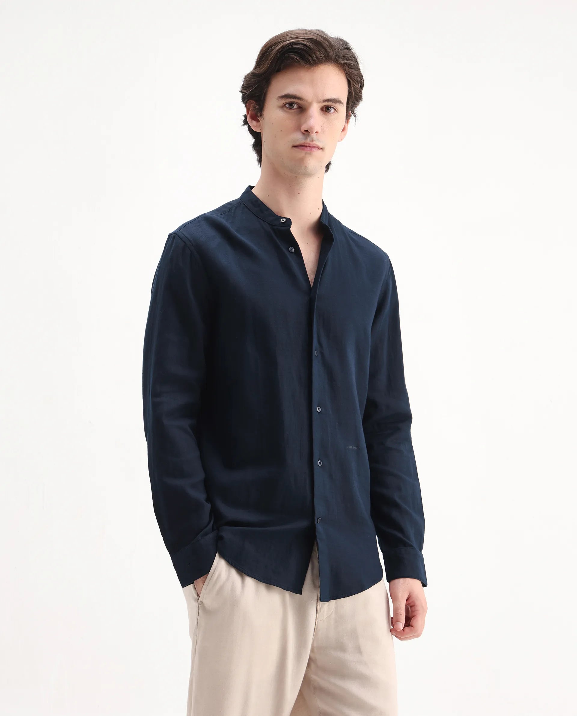 Rare Rabbit Men's Layerr-Md-26 Navy Cotton Plain Regular Fit Full Sleeve Mandarin Collar Shirt