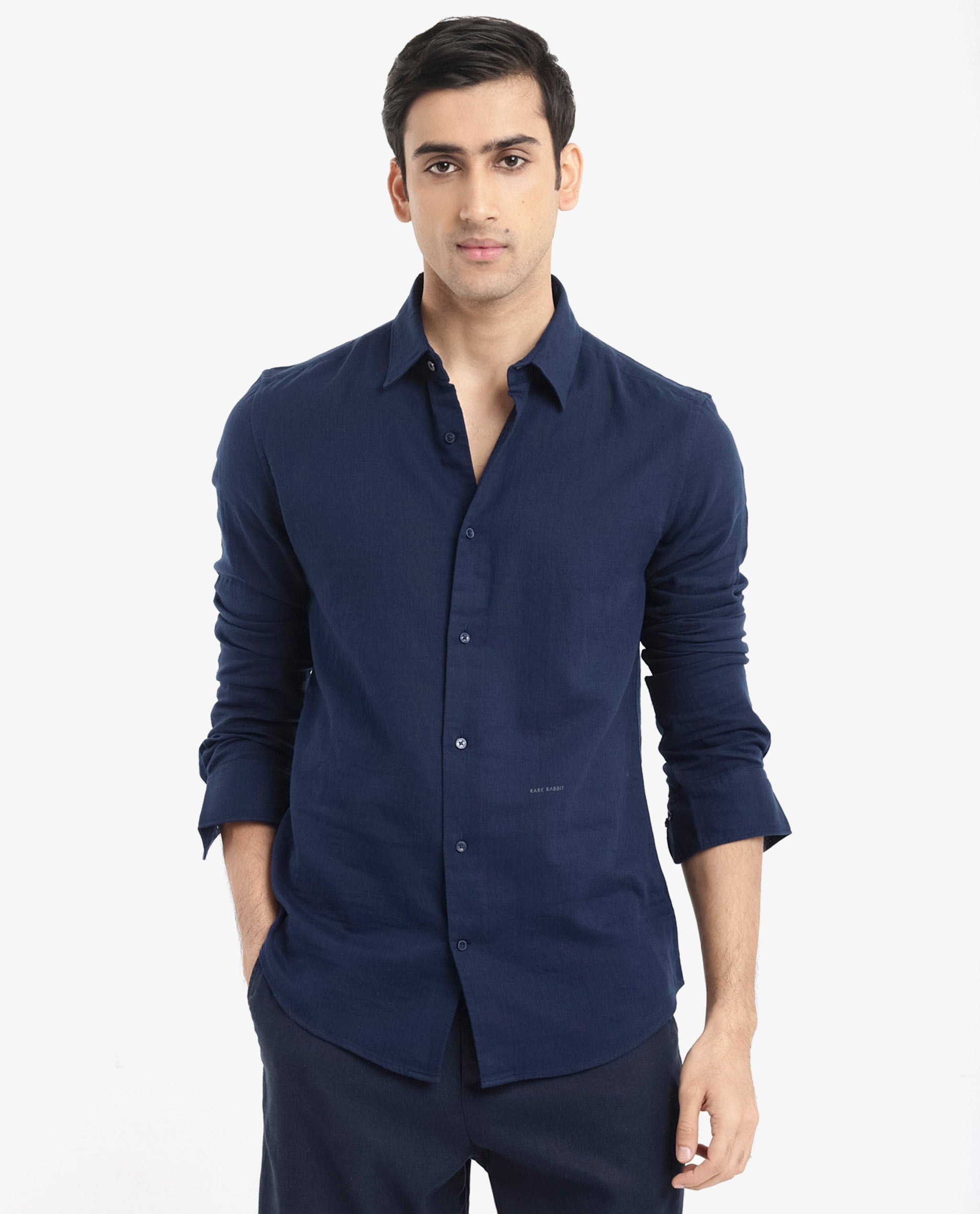 Rare Rabbit Men Layerr-2 Navy Cotton Fabric Full Sleeve Regular Fit Solid Shirt