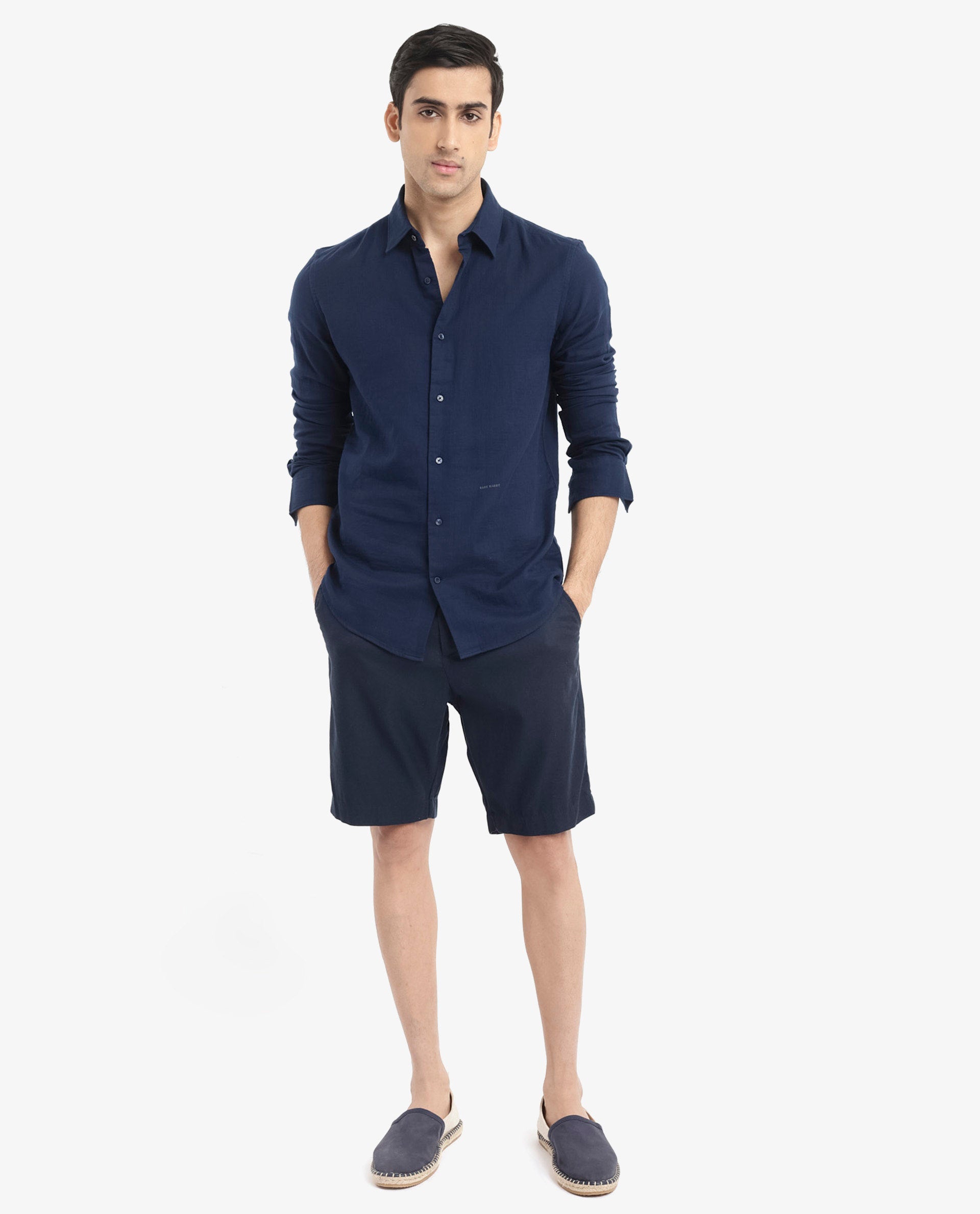 Rare Rabbit Men Layerr-2 Navy Cotton Fabric Full Sleeve Regular Fit Solid Shirt