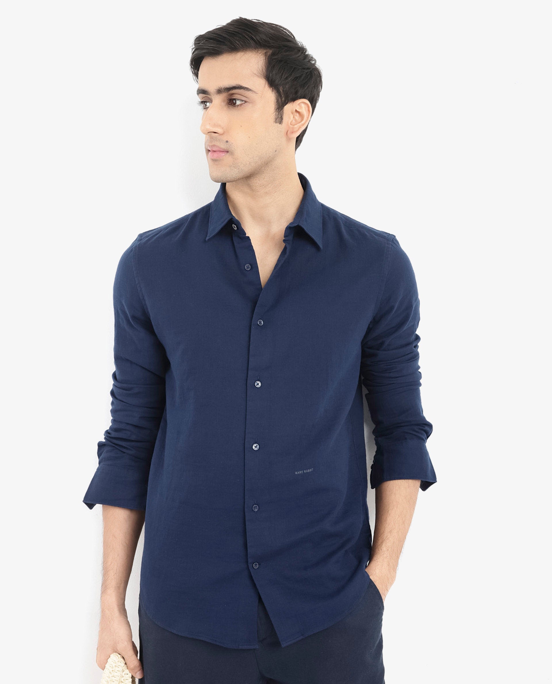 Rare Rabbit Men Layerr-2 Navy Cotton Fabric Full Sleeve Regular Fit Solid Shirt