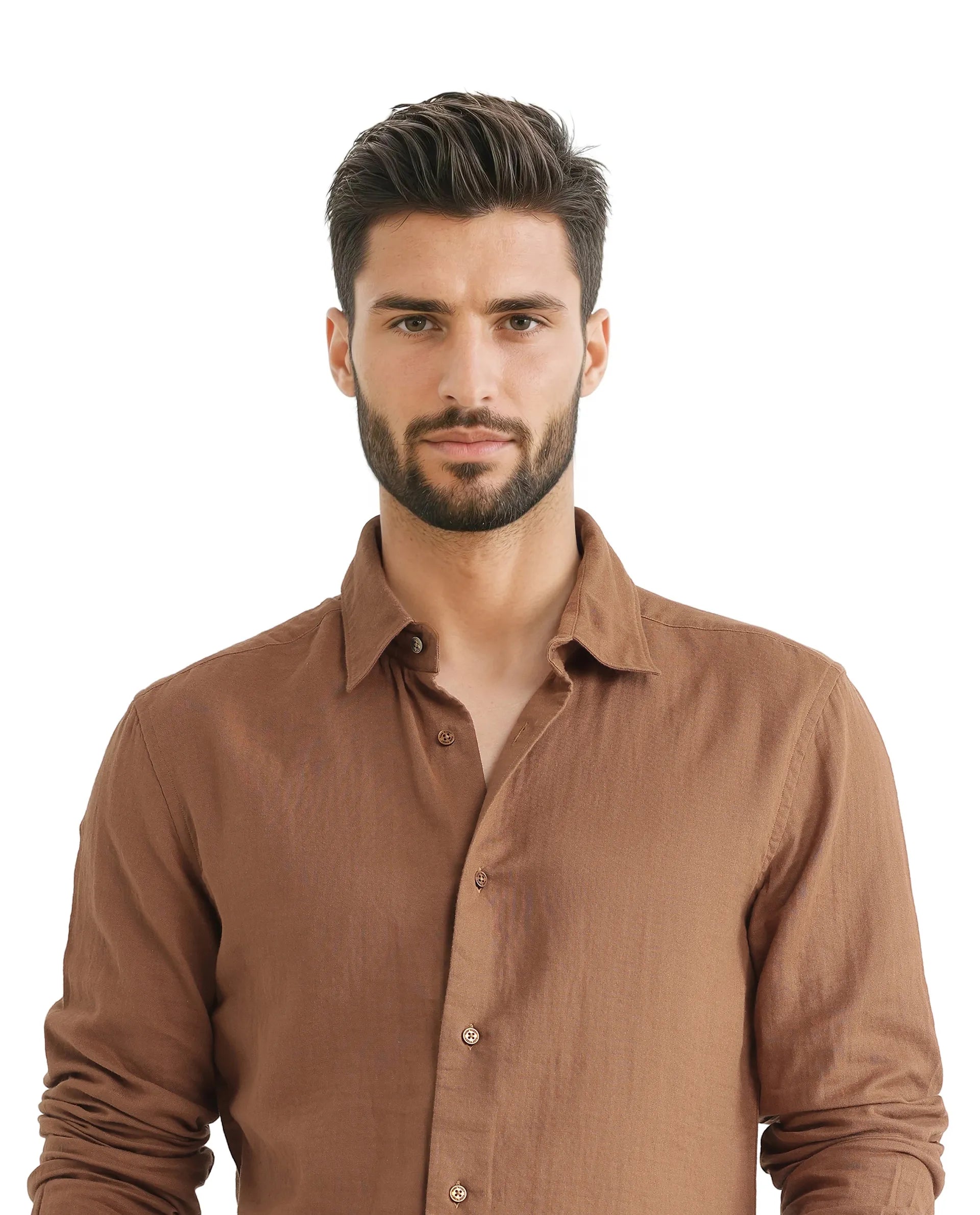 Rare Rabbit Men Layerr Ls-25 Brown Cotton Fabric Full Sleeve Collared Neck Button Closure Plain Shirt