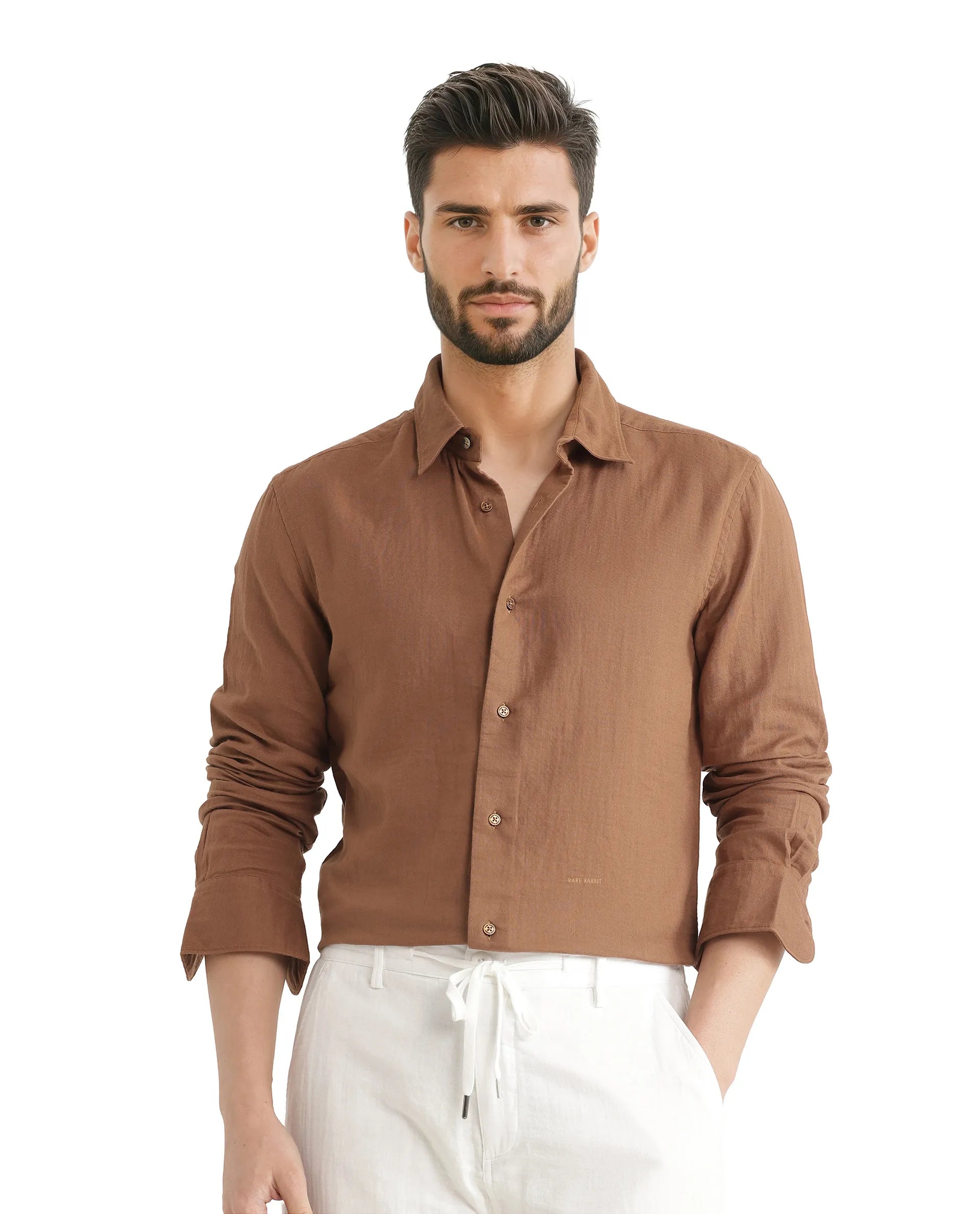 Rare Rabbit Men Layerr Ls-25 Brown Cotton Fabric Full Sleeve Collared Neck Button Closure Plain Shirt