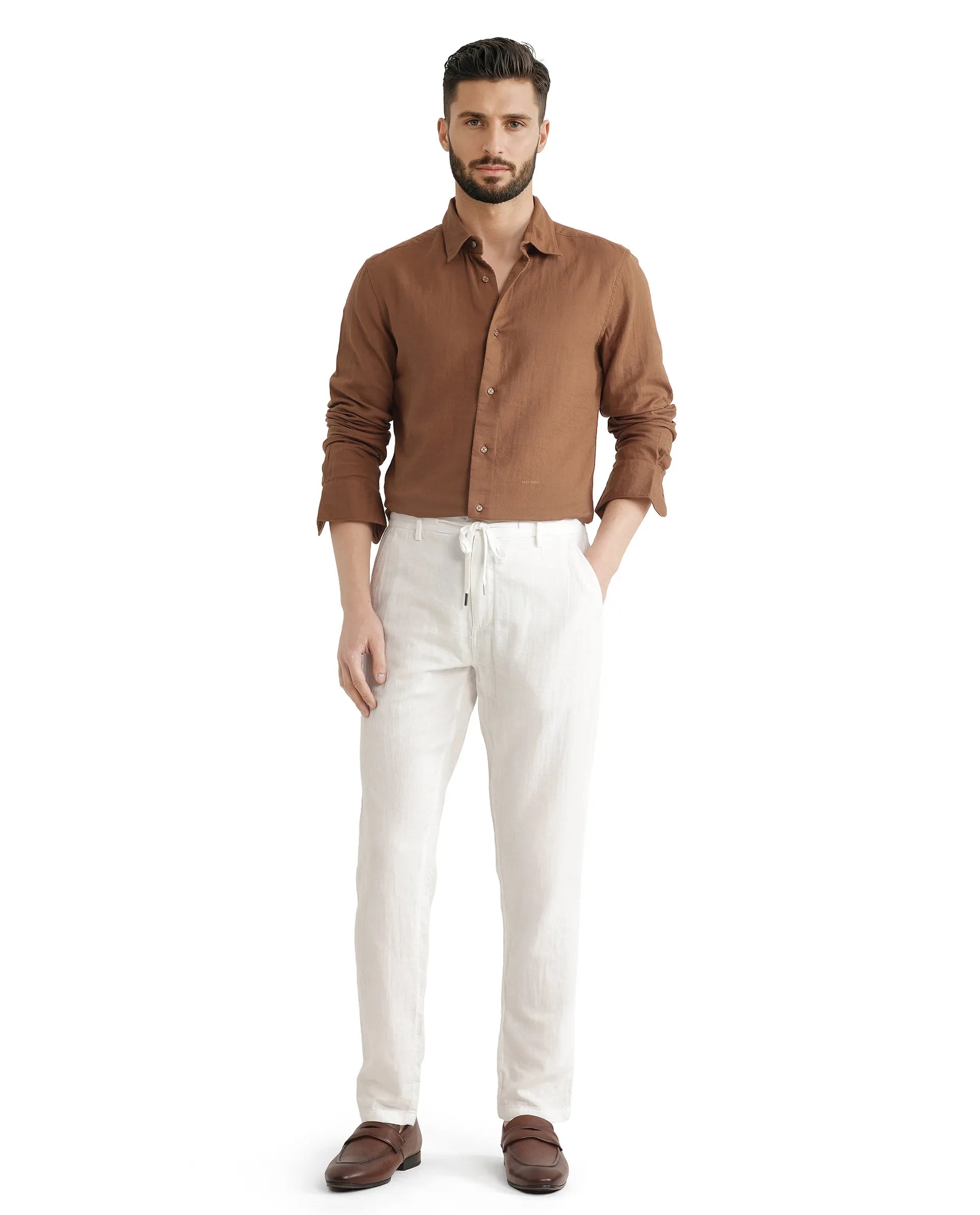 Rare Rabbit Men Layerr Ls-25 Brown Cotton Fabric Full Sleeve Collared Neck Button Closure Plain Shirt