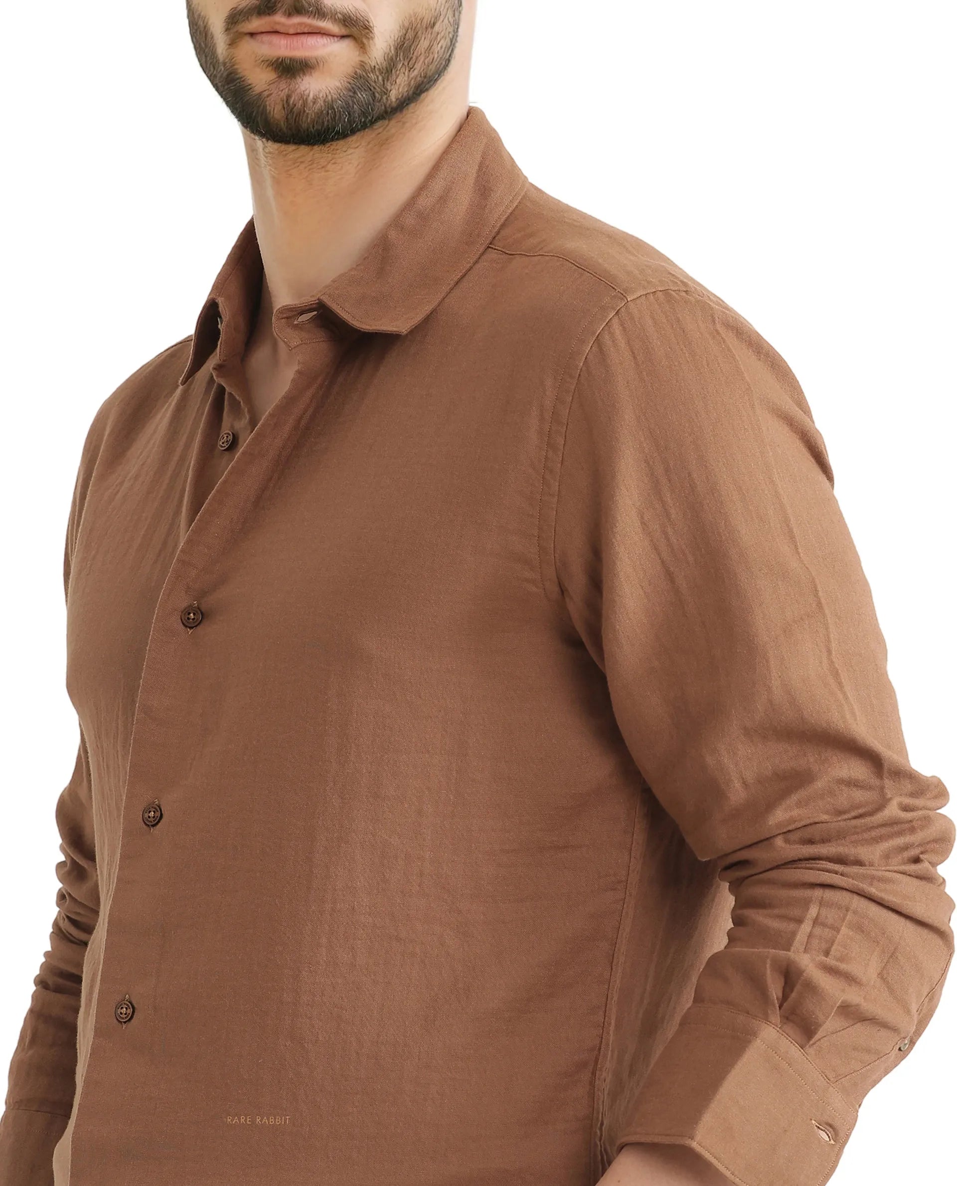 Rare Rabbit Men Layerr Ls-25 Brown Cotton Fabric Full Sleeve Collared Neck Button Closure Plain Shirt