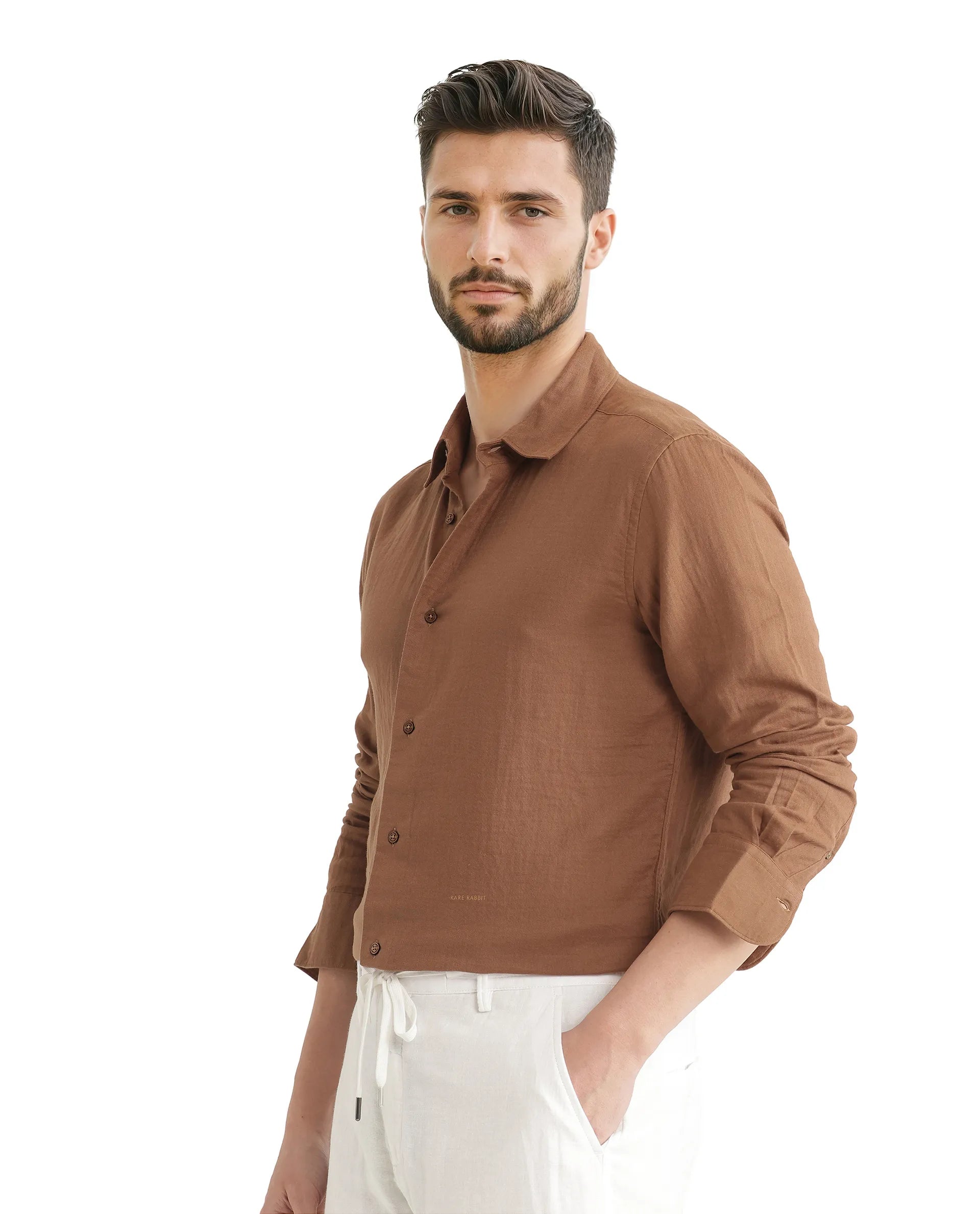 Rare Rabbit Men Layerr Ls-25 Brown Cotton Fabric Full Sleeve Collared Neck Button Closure Plain Shirt