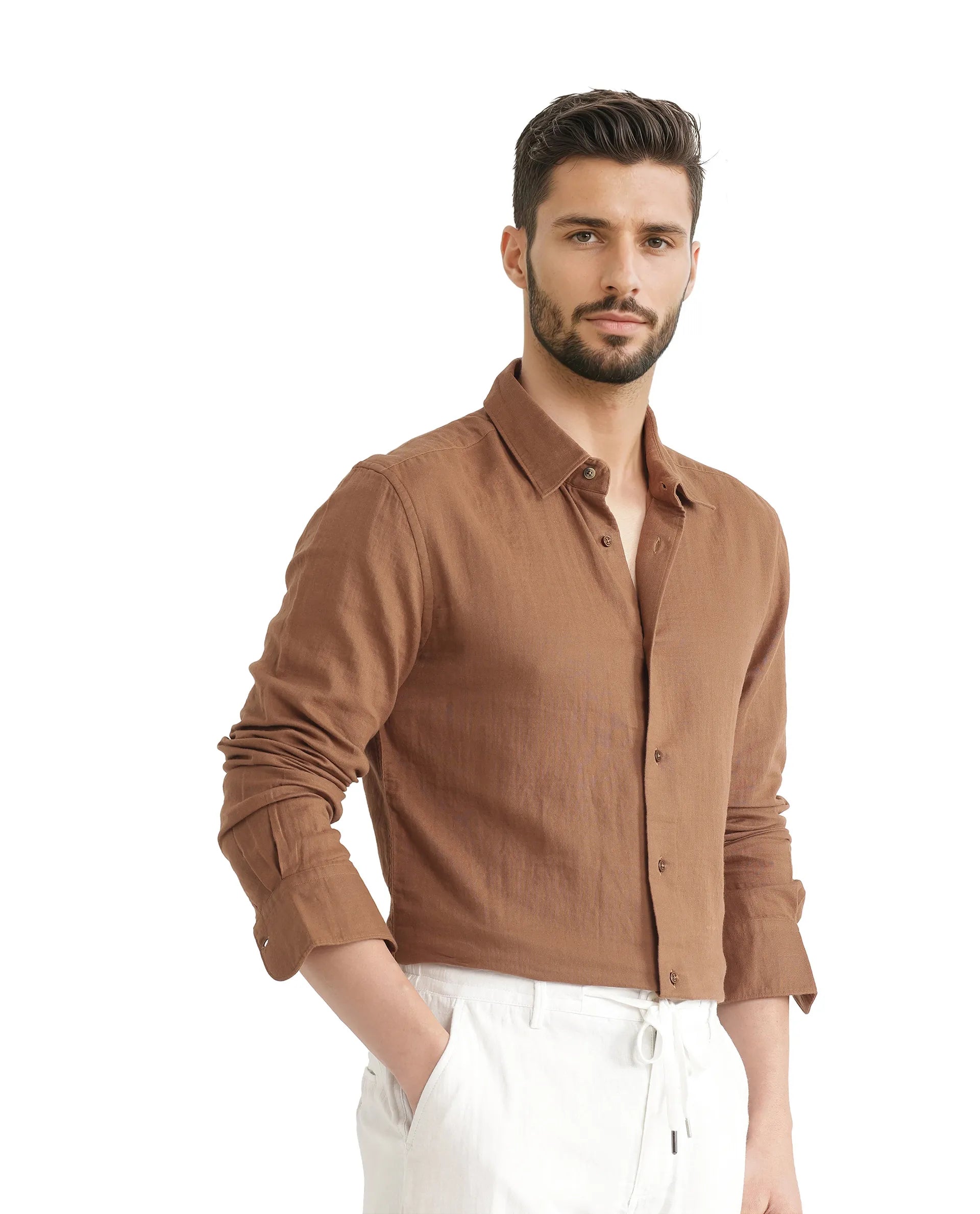 Rare Rabbit Men Layerr Ls-25 Brown Cotton Fabric Full Sleeve Collared Neck Button Closure Plain Shirt