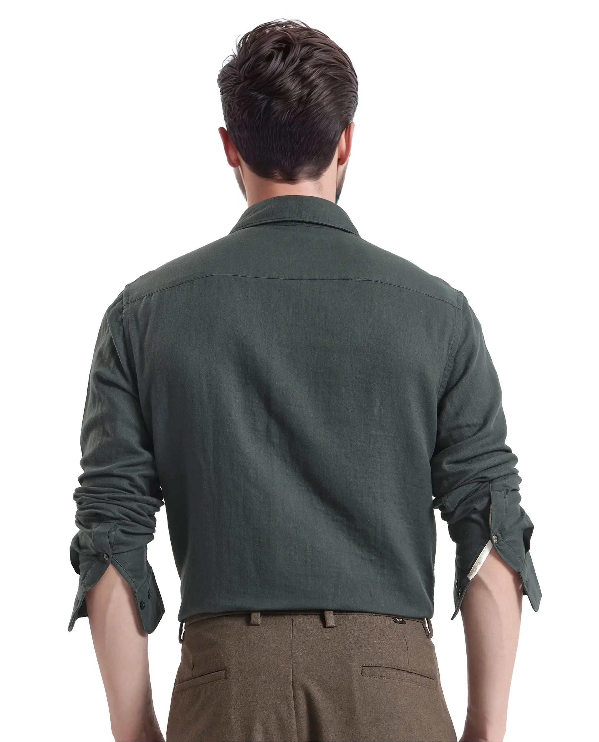 Rare Rabbit Men Layerr Ls-25 Dark Green Cotton Fabric Full Sleeves Collared Neck Button Closure Plain Shirt