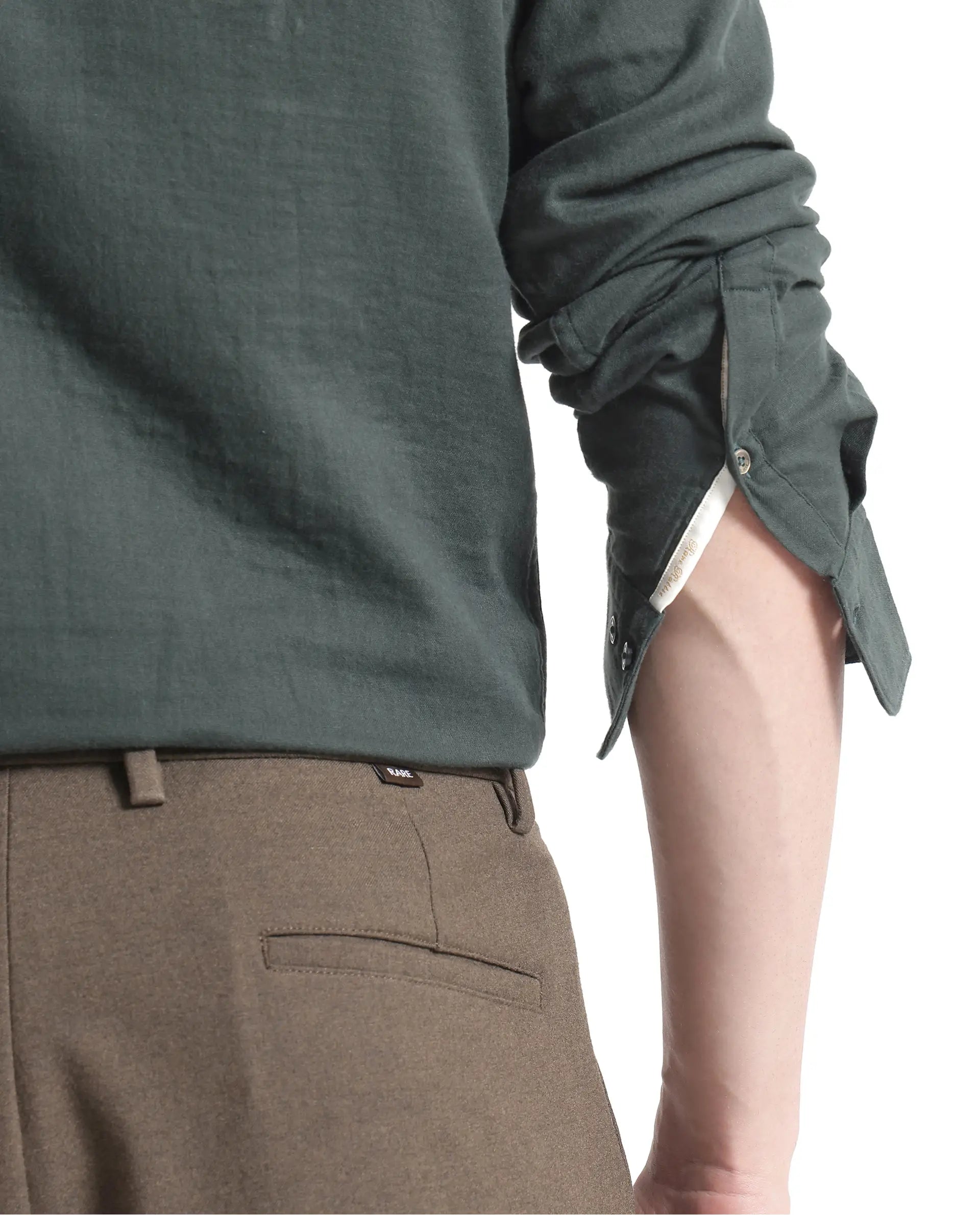 Rare Rabbit Men Layerr Ls-25 Dark Green Cotton Fabric Full Sleeves Collared Neck Button Closure Plain Shirt