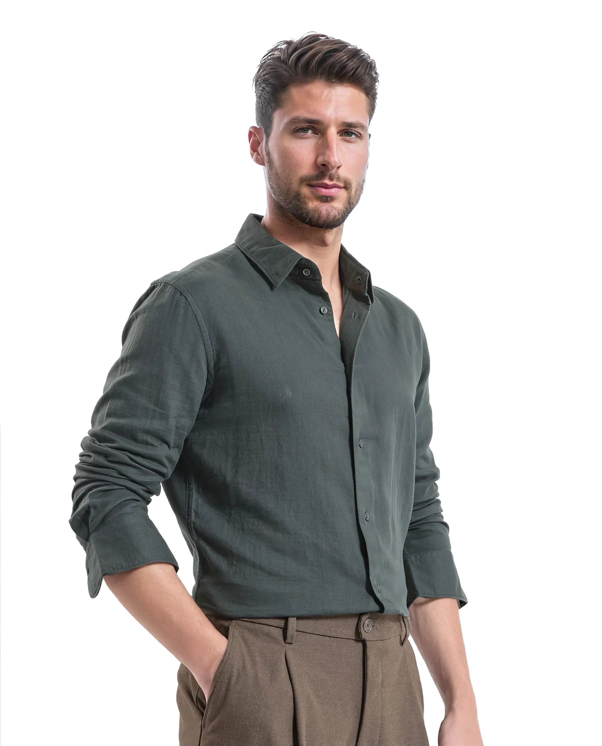 Rare Rabbit Men Layerr Ls-25 Dark Green Cotton Fabric Full Sleeves Collared Neck Button Closure Plain Shirt