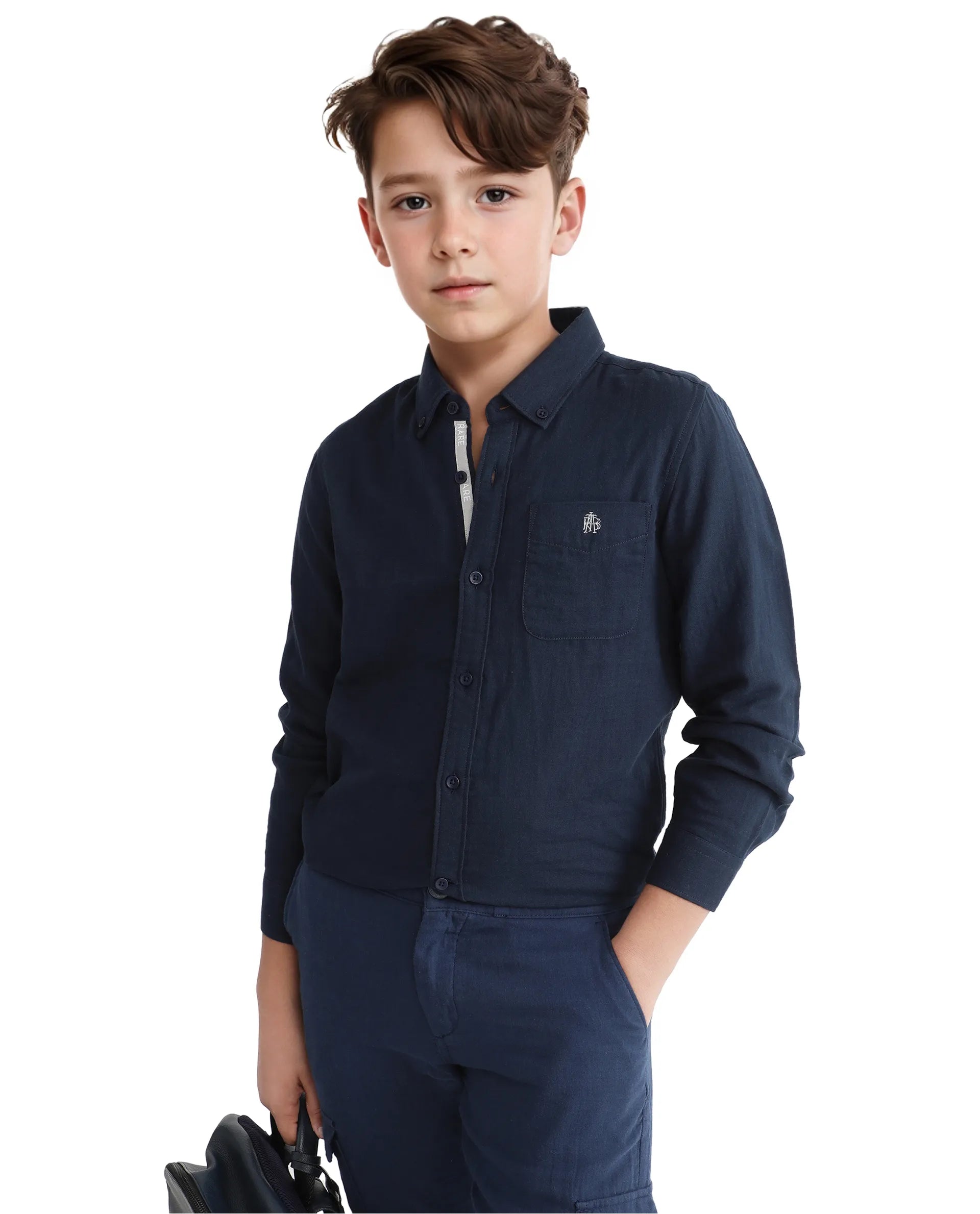Rare Ones Kids Layerr Ls-K Navy Cotton Full Sleeve Spread Collar Solid Shirt