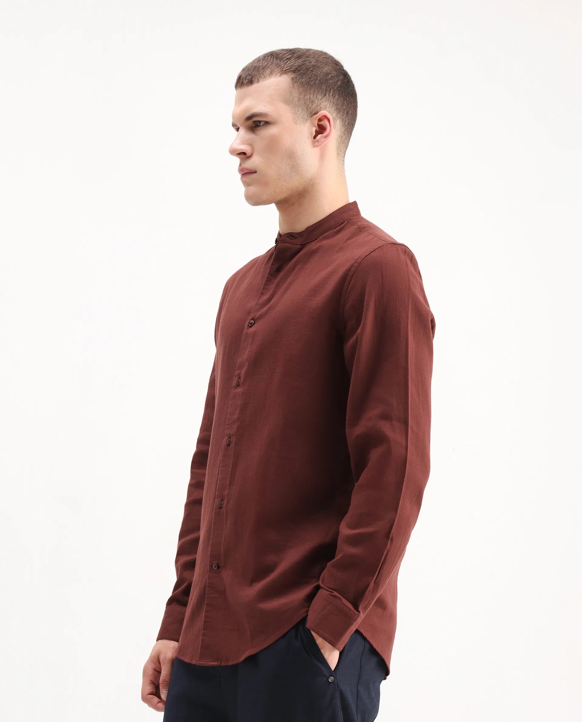 Rare Rabbit Men's Layerr-Md-26 Rust Cotton Plain Regular Fit Full Sleeve Mandarin Collar Shirt