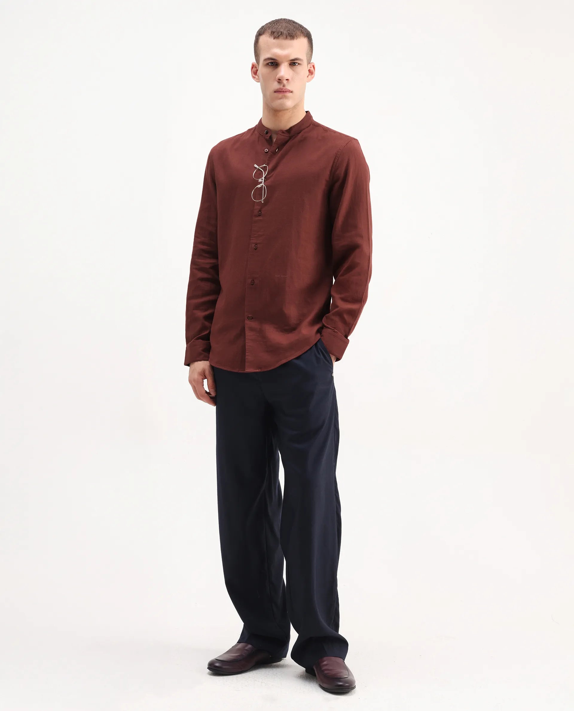 Rare Rabbit Men's Layerr-Md-26 Rust Cotton Plain Regular Fit Full Sleeve Mandarin Collar Shirt