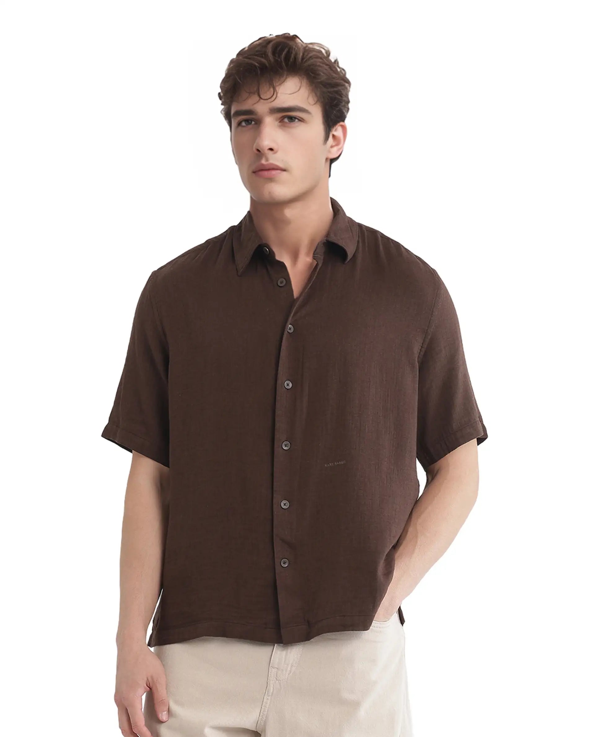 Rare Rabbit Men Layerr Ss-25 Dark Brown Cotton Viscose Fabric Short Sleeve Regular Collared Button Closure Solid Shirt