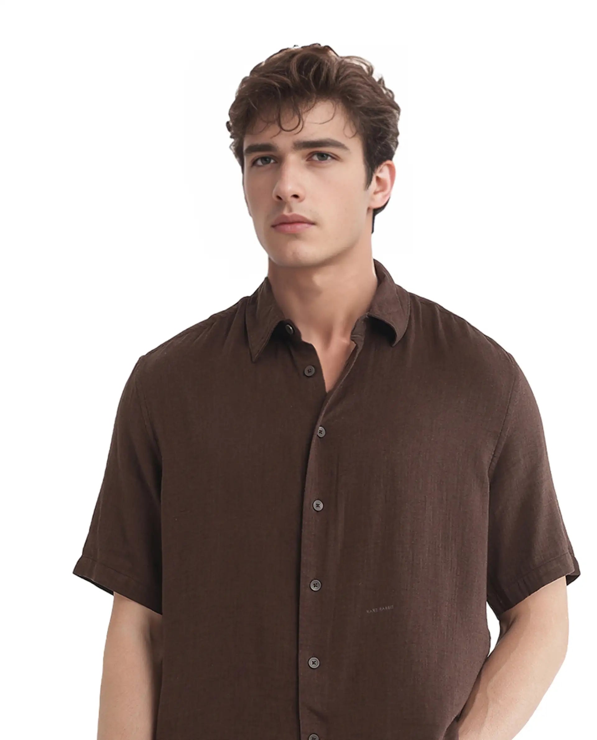 Rare Rabbit Men Layerr Ss-25 Dark Brown Cotton Viscose Fabric Short Sleeve Regular Collared Button Closure Solid Shirt