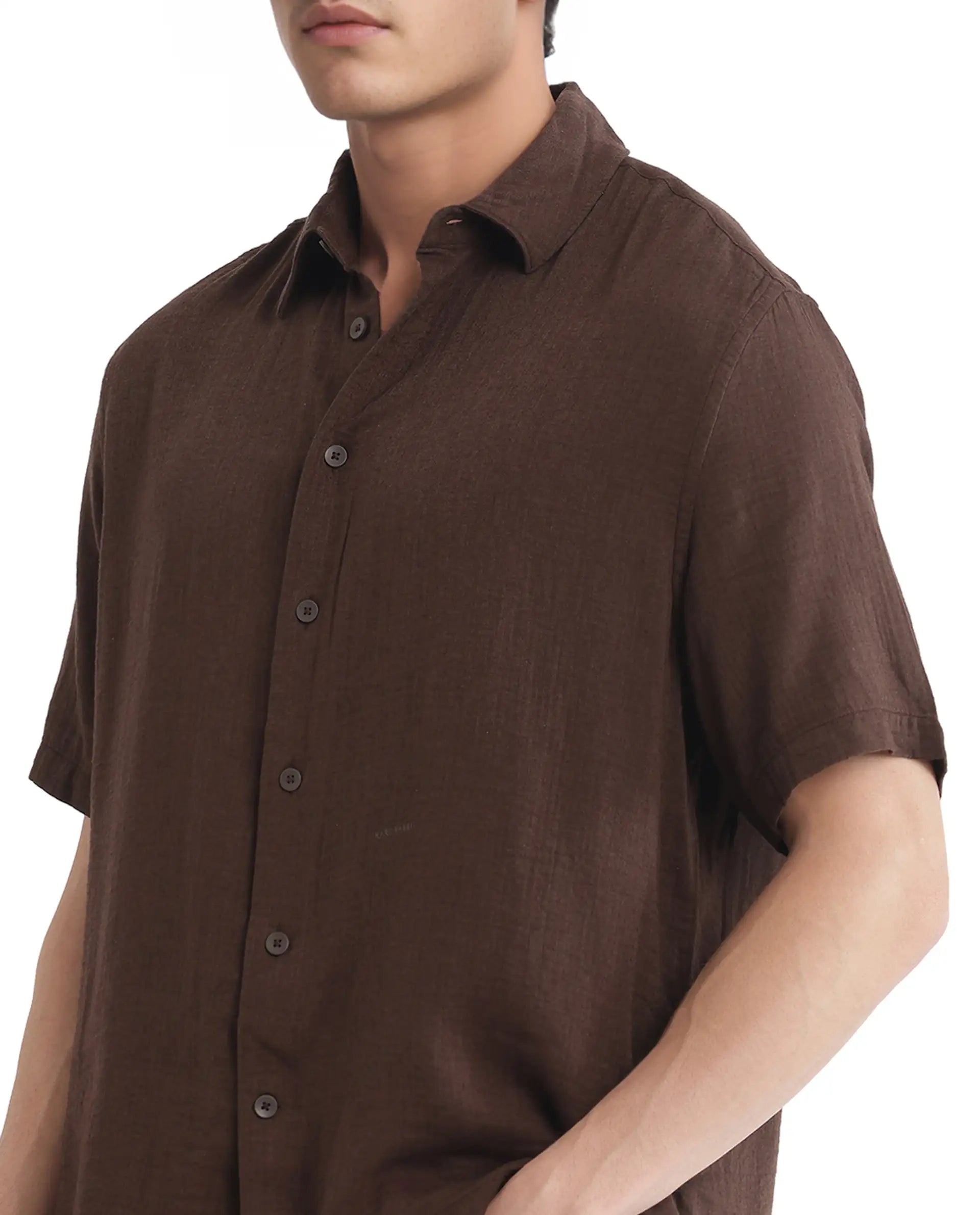 Rare Rabbit Men Layerr Ss-25 Dark Brown Cotton Viscose Fabric Short Sleeve Regular Collared Button Closure Solid Shirt