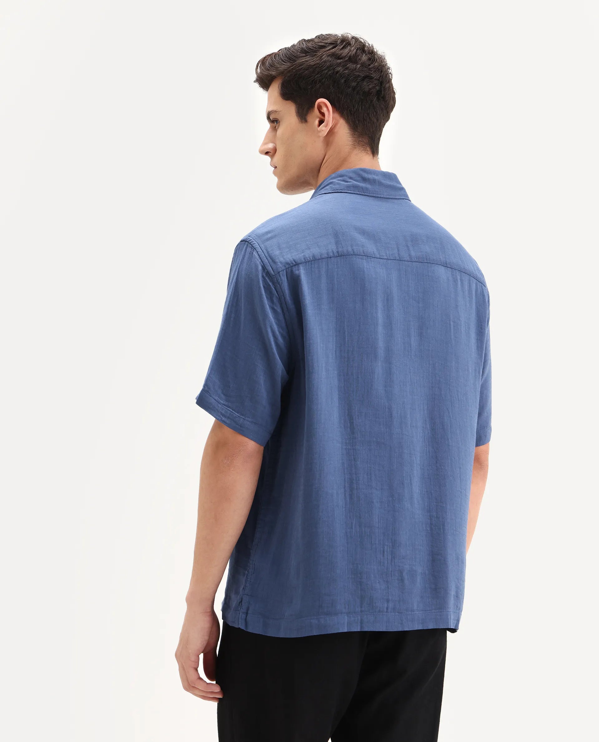 Rare Rabbit Men's Layerr Ss-25 Dark Blue Cotton Blend Plain Boxy Fit Full Sleeve Collared Shirt