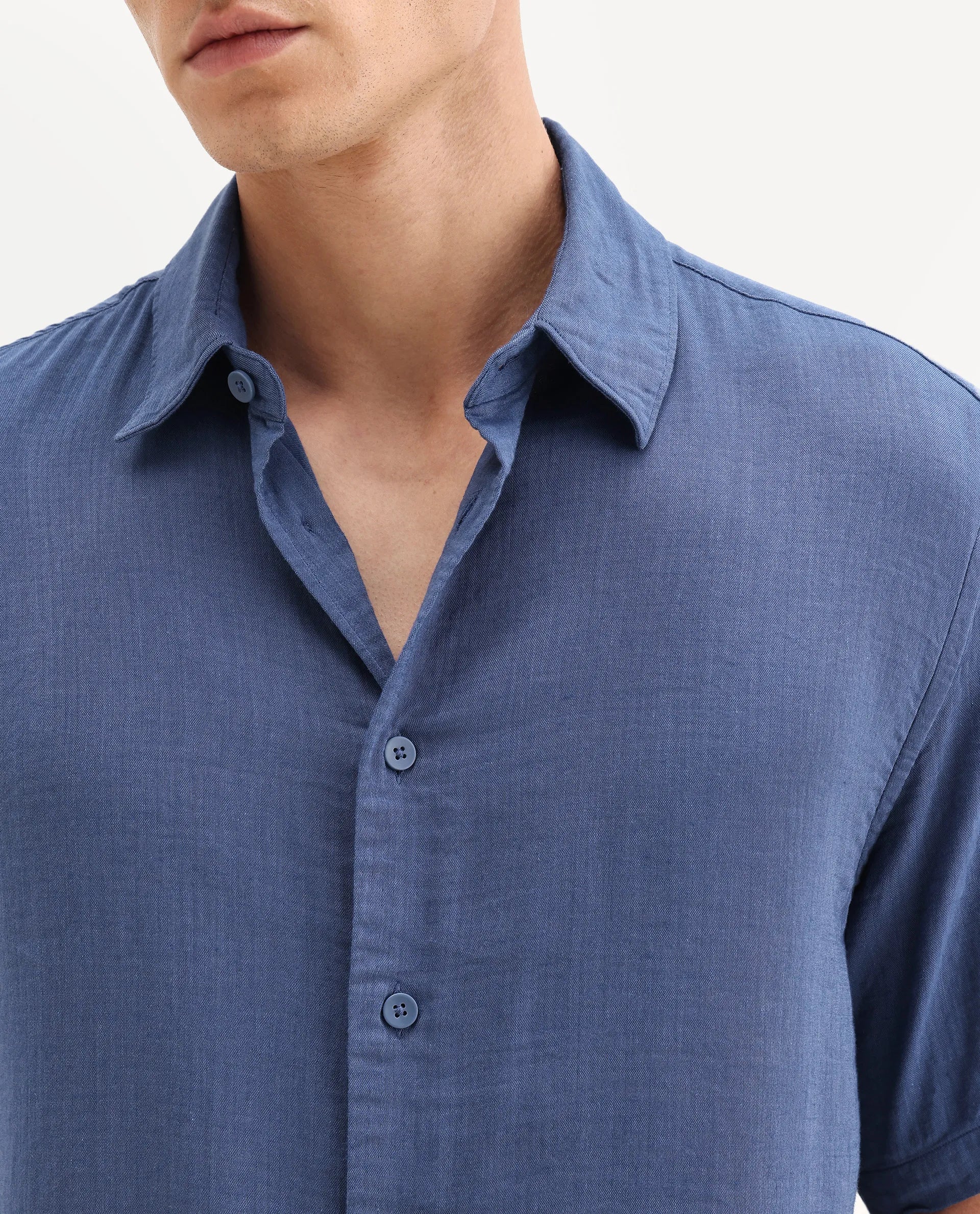 Rare Rabbit Men's Layerr Ss-25 Dark Blue Cotton Blend Plain Boxy Fit Full Sleeve Collared Shirt