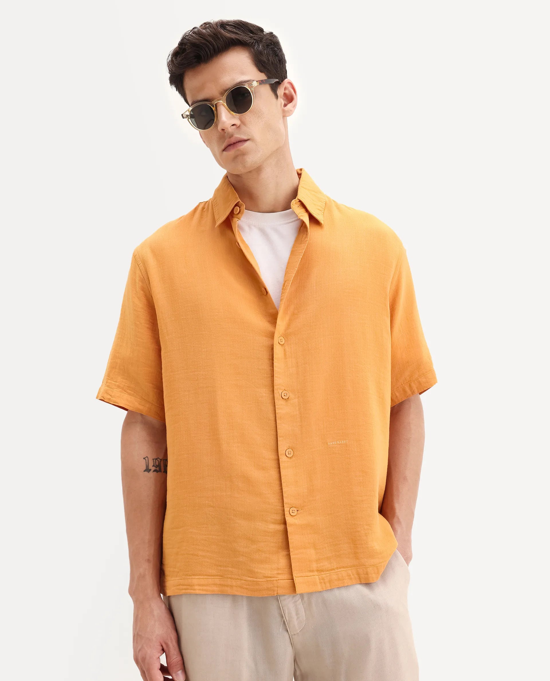 Rare Rabbit Men's Layerr Ss-25 Dark Yellow Cotton Blend Plain Boxy Fit Half Sleeve Collared Shirt