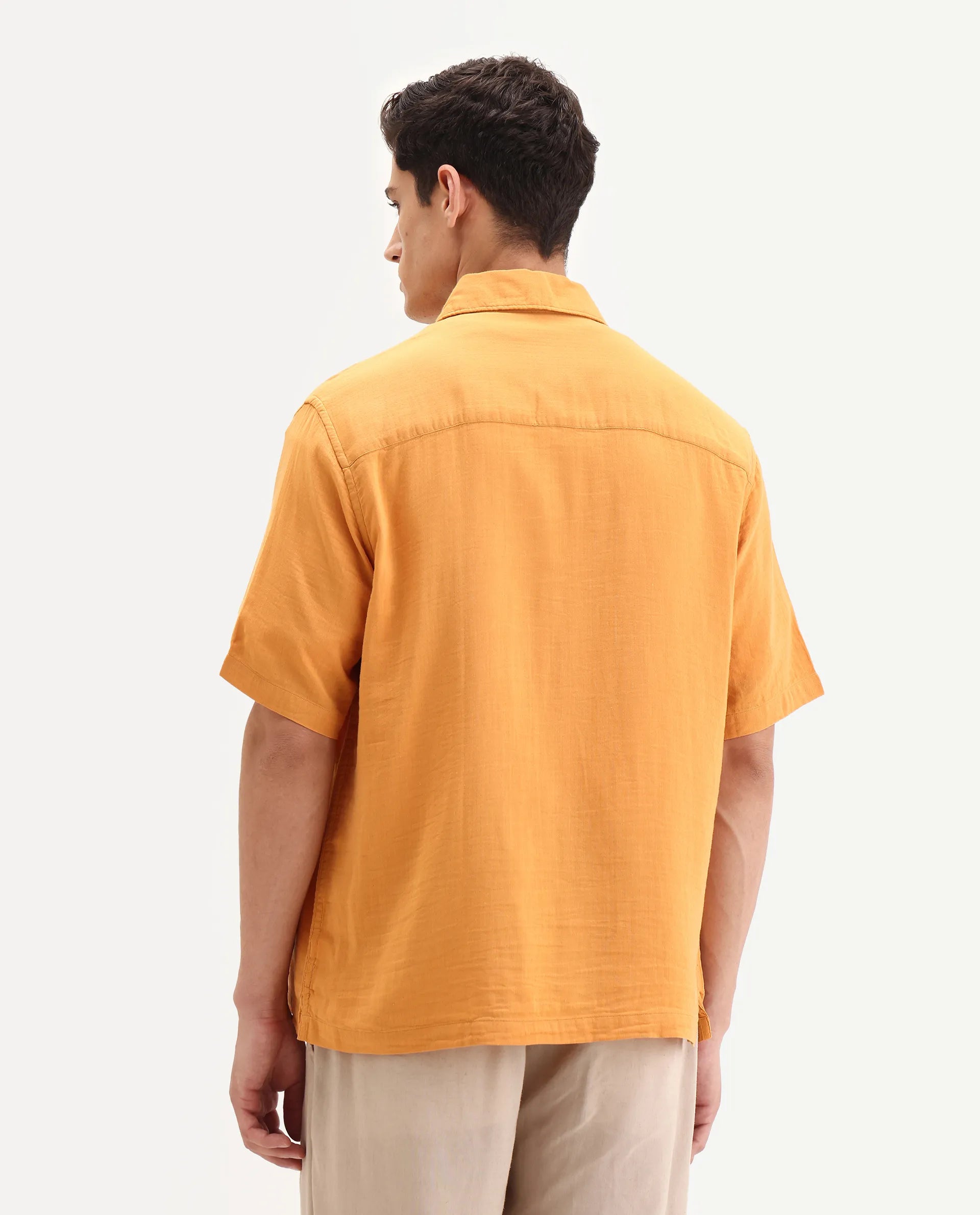 Rare Rabbit Men's Layerr Ss-25 Dark Yellow Cotton Blend Plain Boxy Fit Half Sleeve Collared Shirt