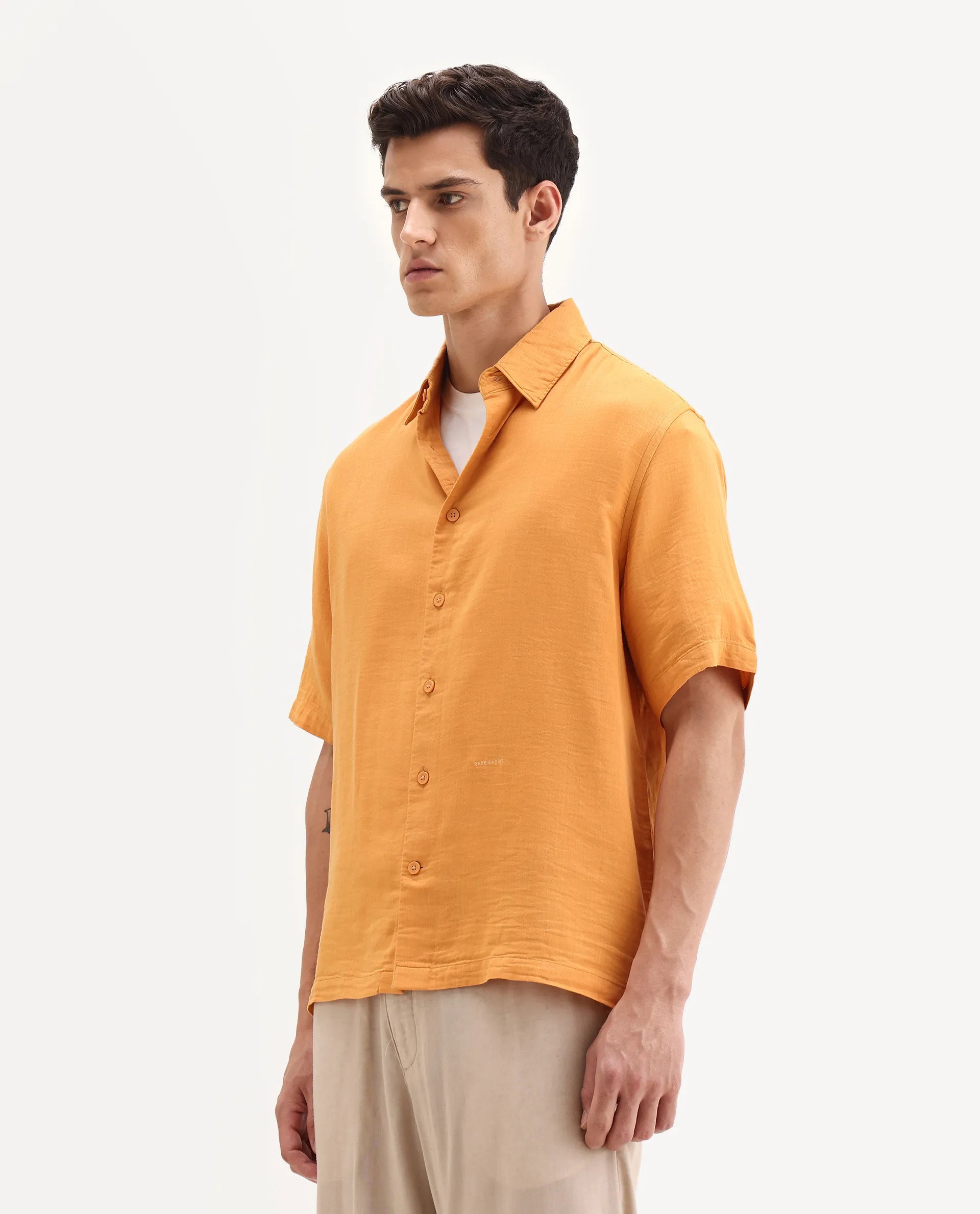 Rare Rabbit Men's Layerr Ss-25 Dark Yellow Cotton Blend Plain Boxy Fit Half Sleeve Collared Shirt
