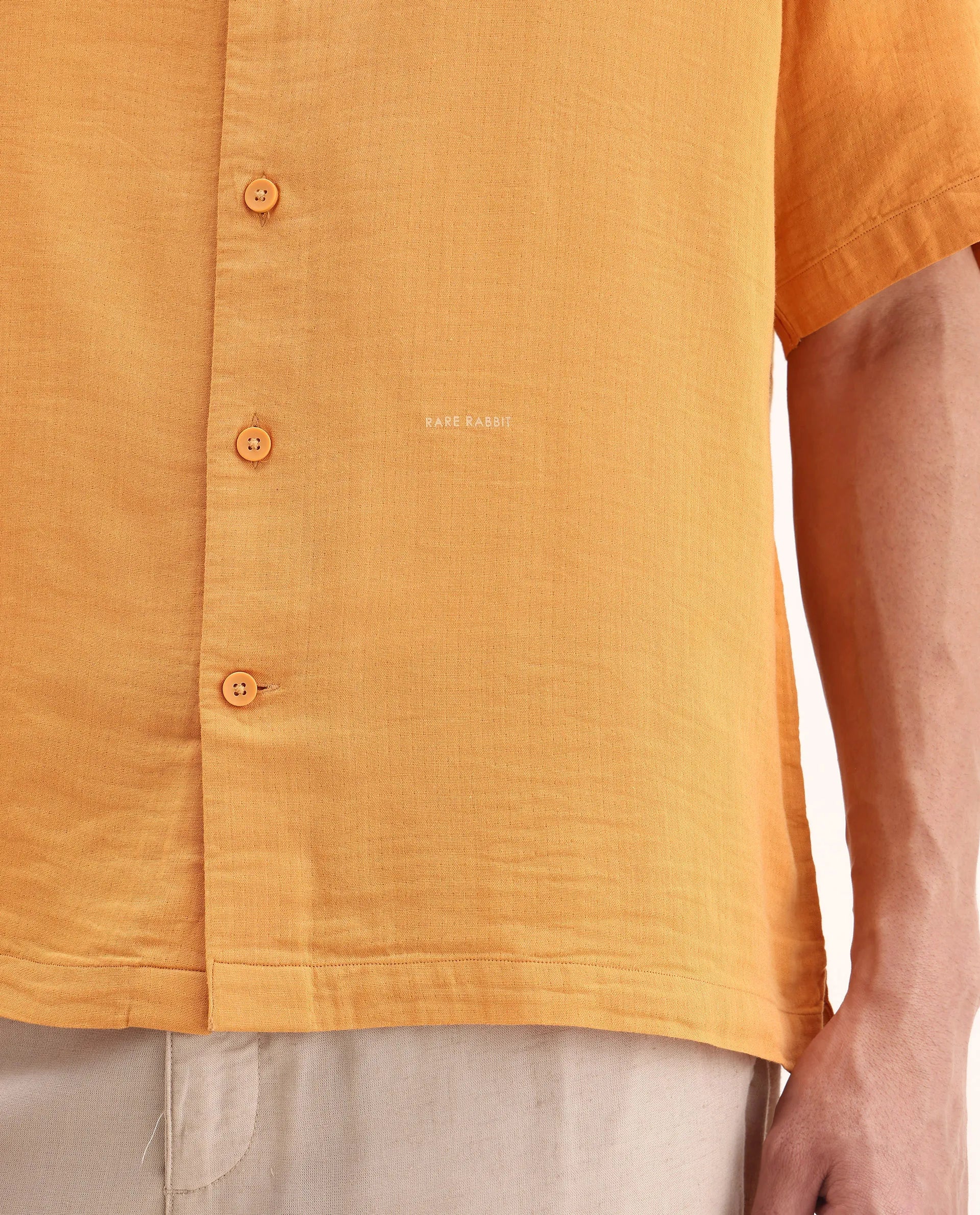 Rare Rabbit Men's Layerr Ss-25 Dark Yellow Cotton Blend Plain Boxy Fit Half Sleeve Collared Shirt