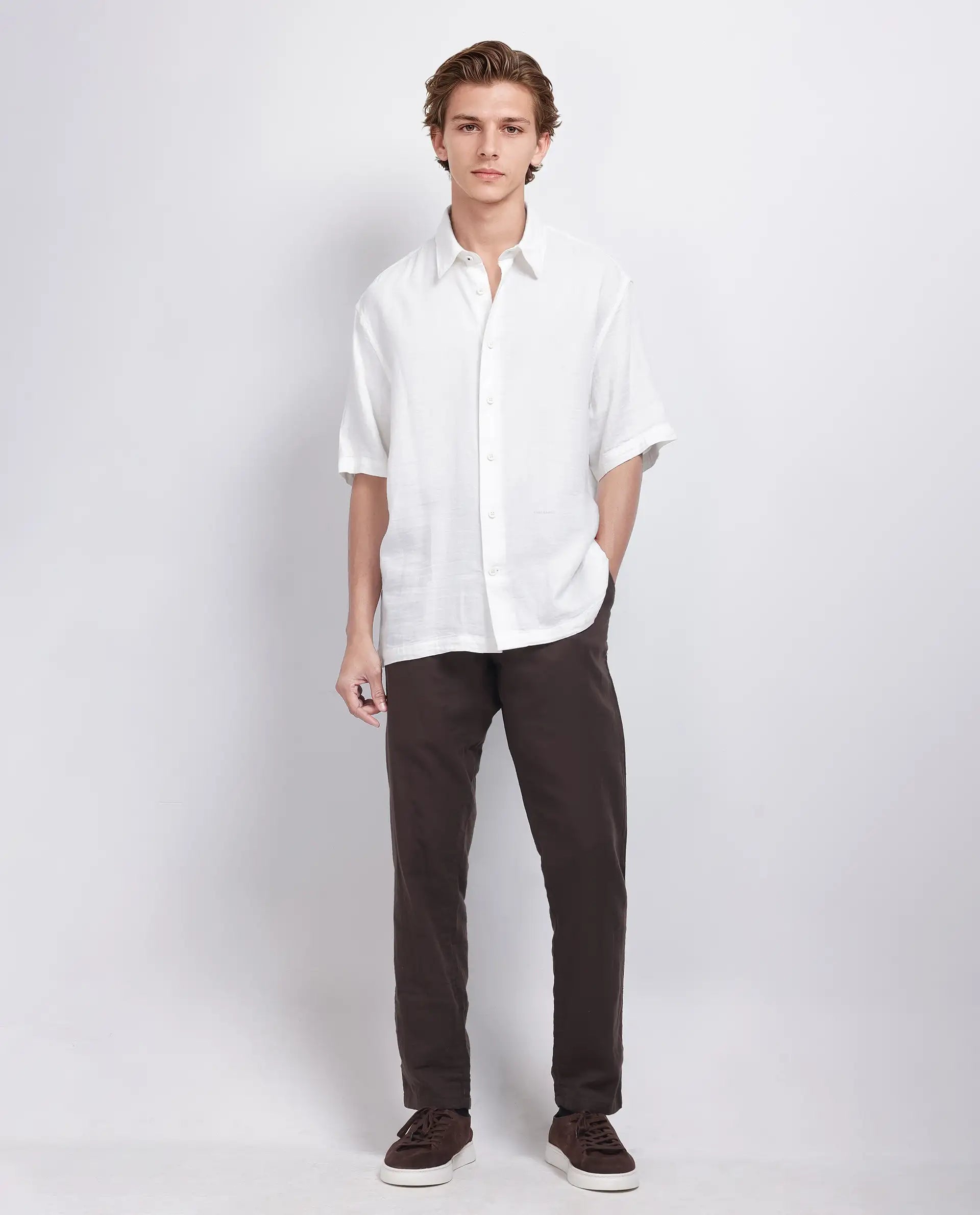 Rare Rabbit Men's Layerr Ss-25 White Cotton Viscose Fabric Short Sleeves Spread Collar Boxy Fit Plain Shirt