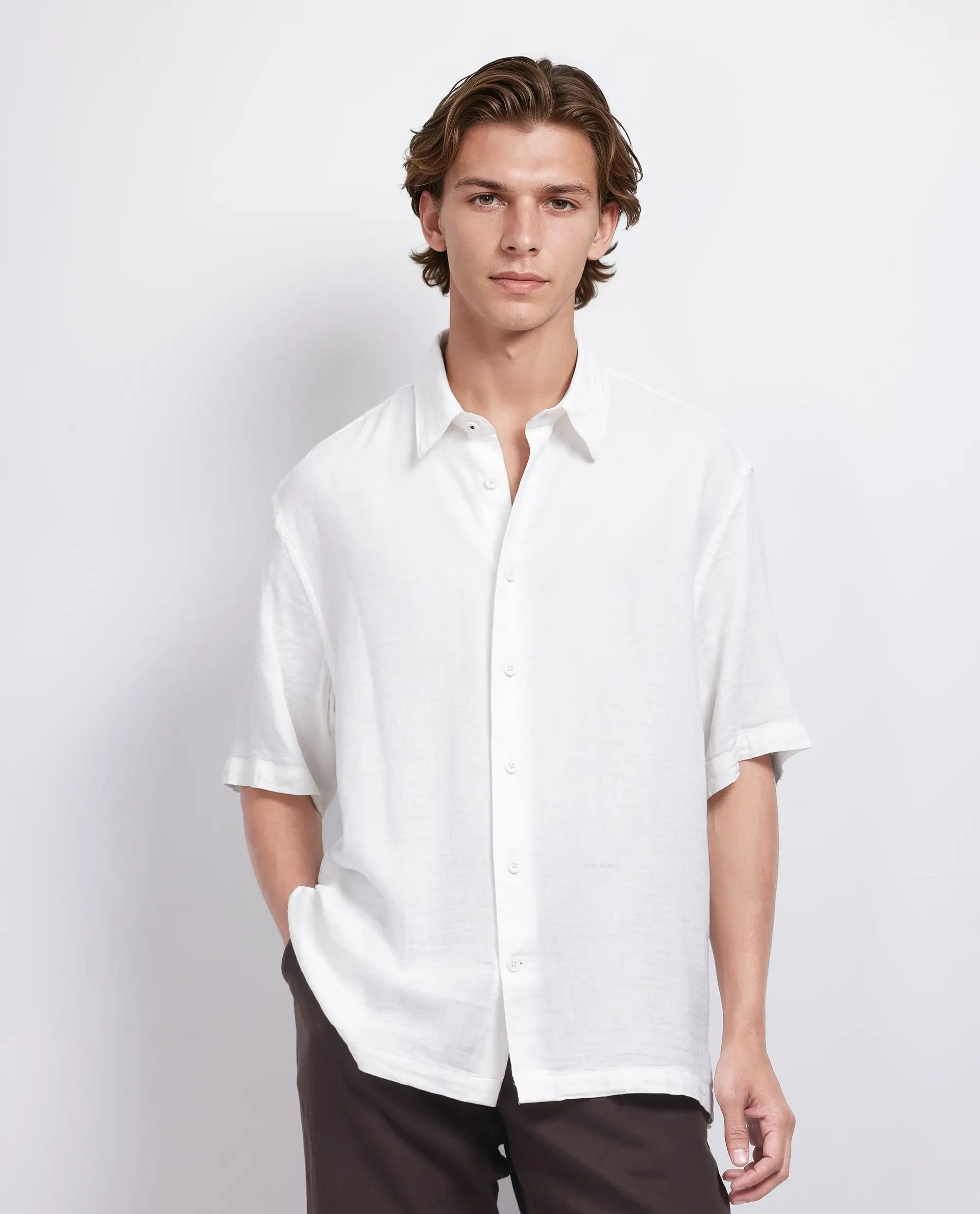 Rare Rabbit Men's Layerr Ss-25 White Cotton Viscose Fabric Short Sleeves Spread Collar Boxy Fit Plain Shirt