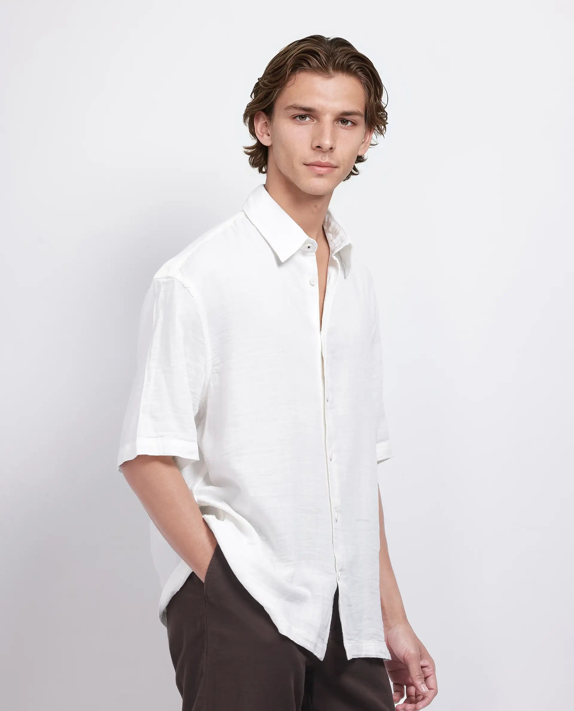 Rare Rabbit Men's Layerr Ss-25 White Cotton Viscose Fabric Short Sleeves Spread Collar Boxy Fit Plain Shirt