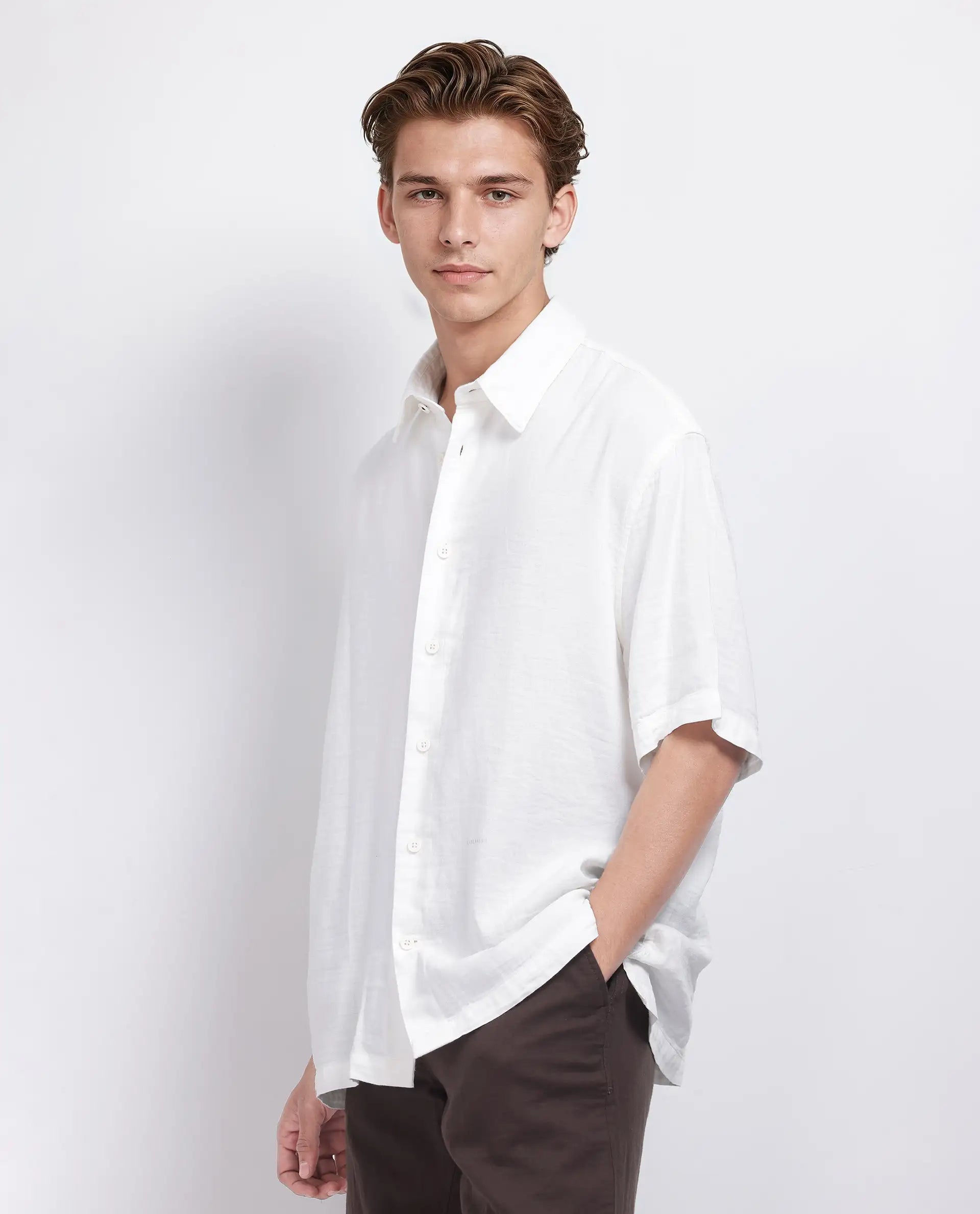 Rare Rabbit Men's Layerr Ss-25 White Cotton Viscose Fabric Short Sleeves Spread Collar Boxy Fit Plain Shirt