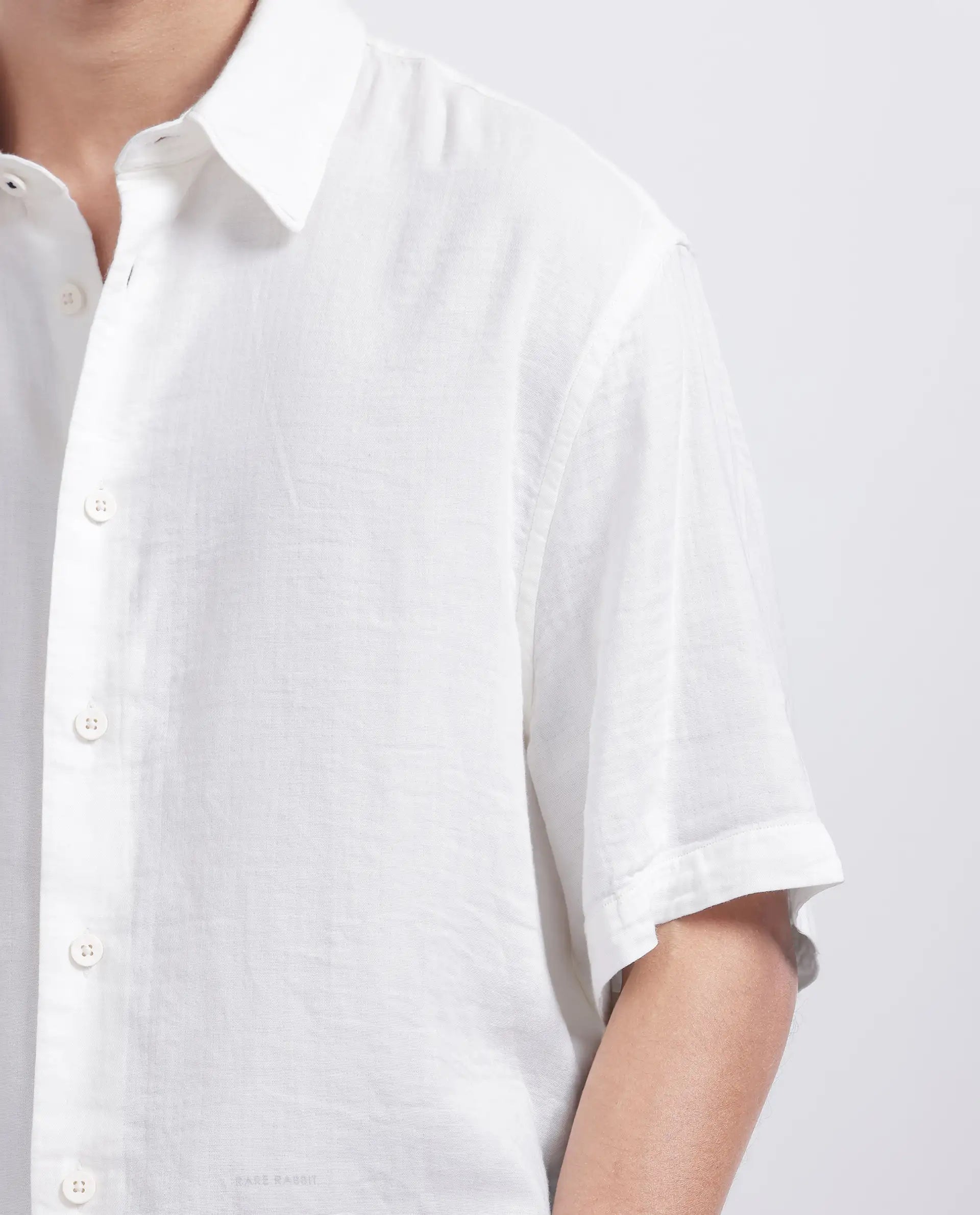 Rare Rabbit Men's Layerr Ss-25 White Cotton Viscose Fabric Short Sleeves Spread Collar Boxy Fit Plain Shirt