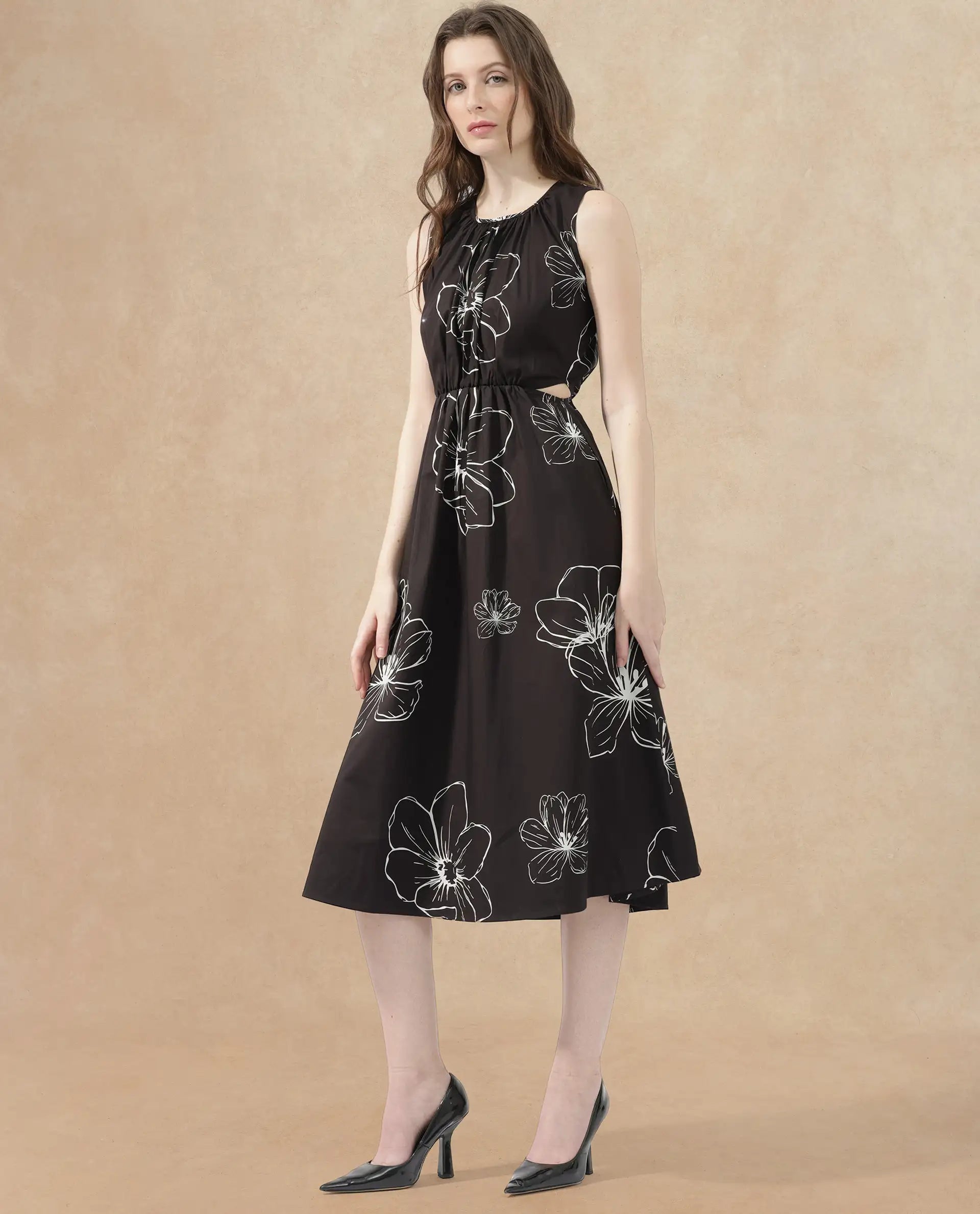 Rareism Women's Layla Brown Cotton Blend Crew Neck Floral Print Sleeveless Midi Fit And Flare Dress