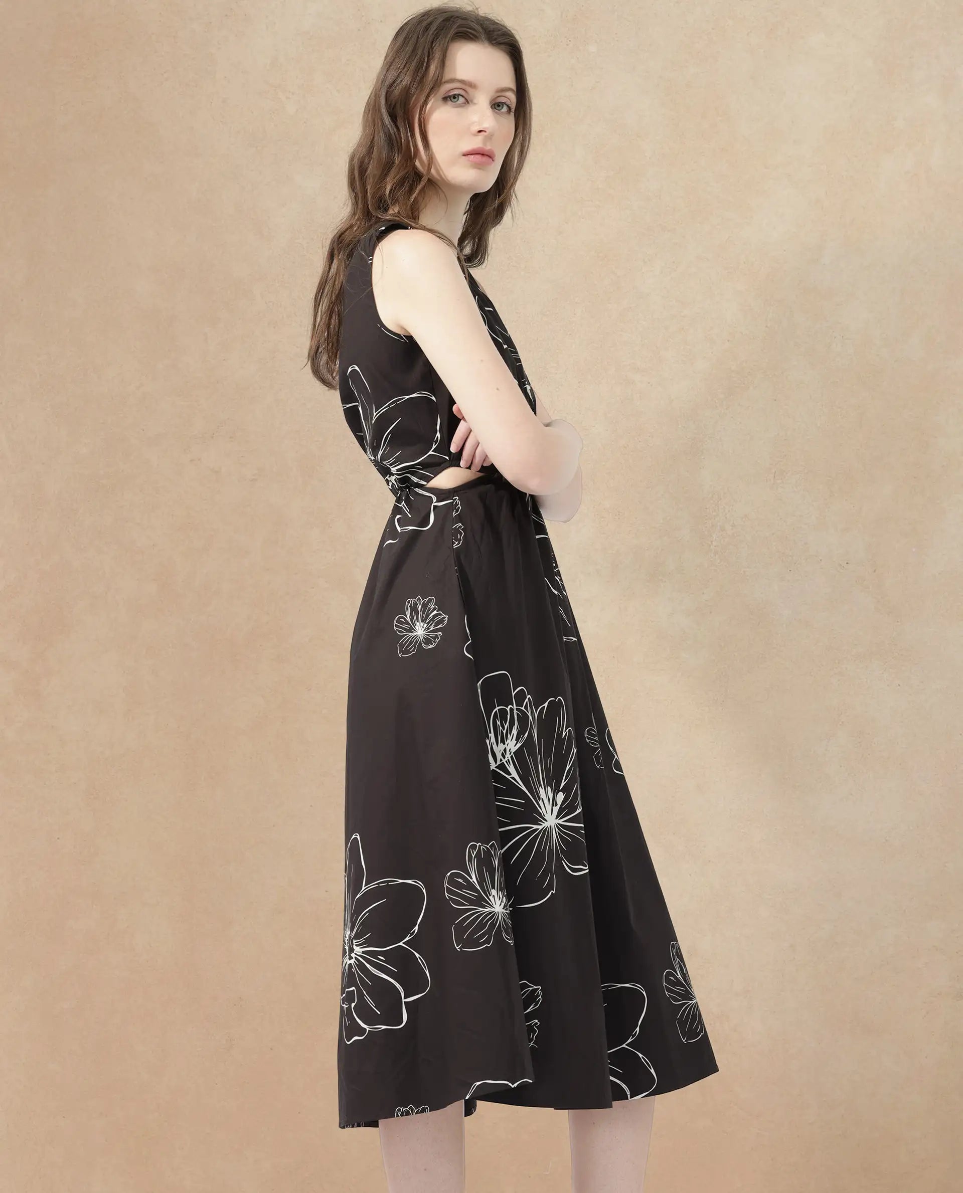 Rareism Women's Layla Brown Cotton Blend Crew Neck Floral Print Sleeveless Midi Fit And Flare Dress