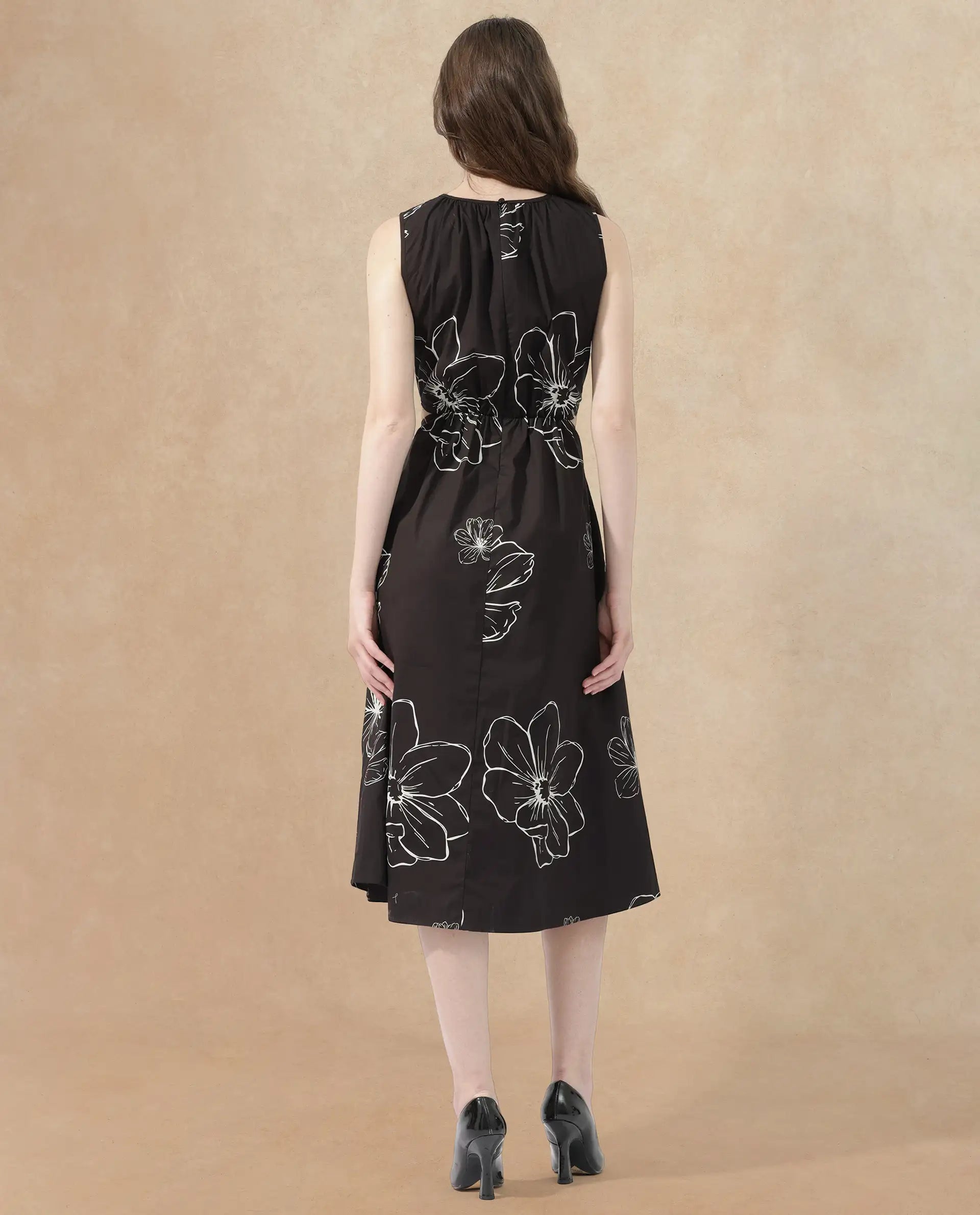 Rareism Women's Layla Brown Cotton Blend Crew Neck Floral Print Sleeveless Midi Fit And Flare Dress