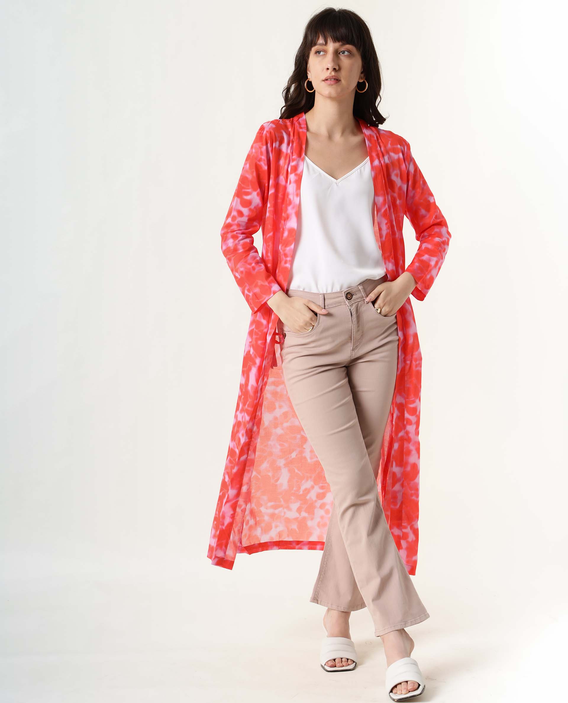 Rareism Women Lays Dark Red Cotton Fabric Regular Fit Abstract Print Collarless Outer Wear