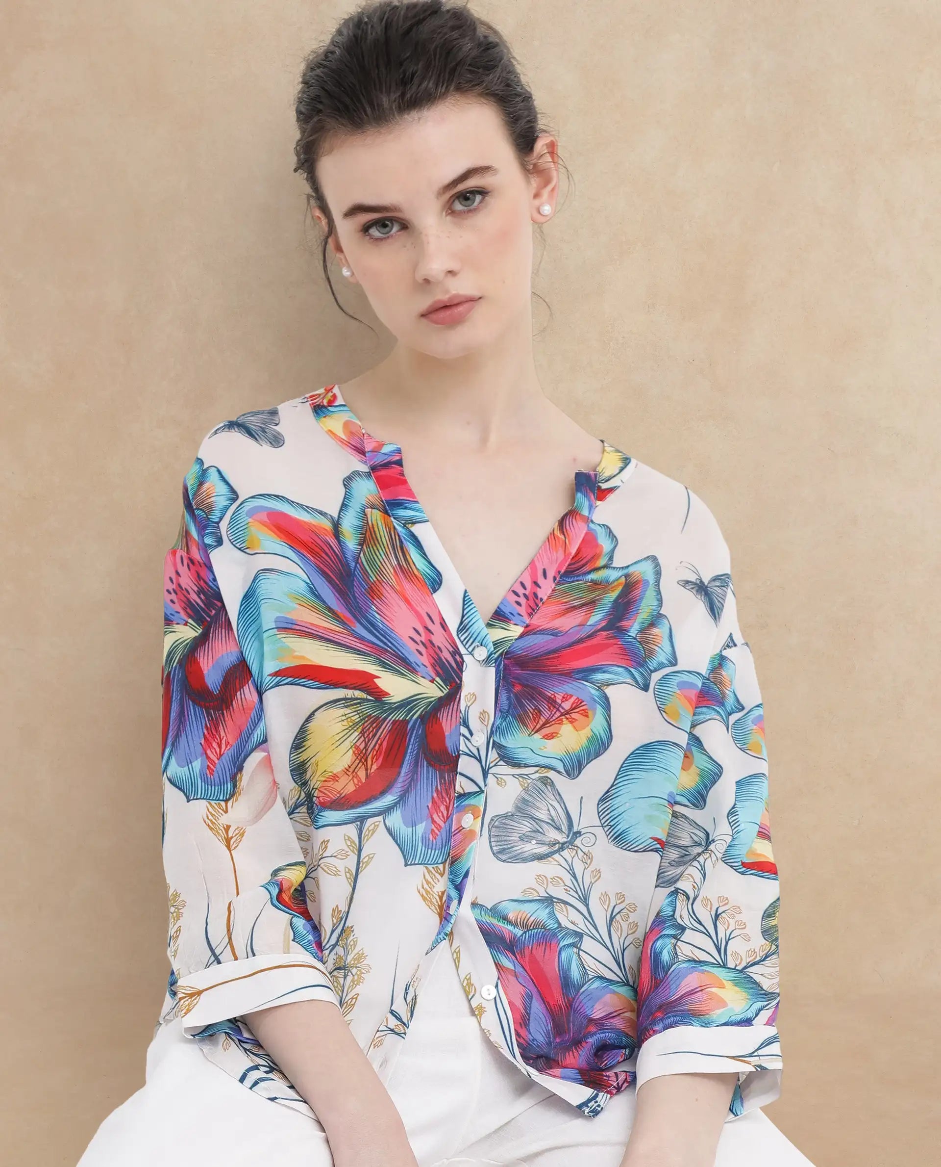 Rareism Women's Layton Multi Rayon Mandarin Collar Floral Print Cuffed Sleeve Relaxed Fit Top