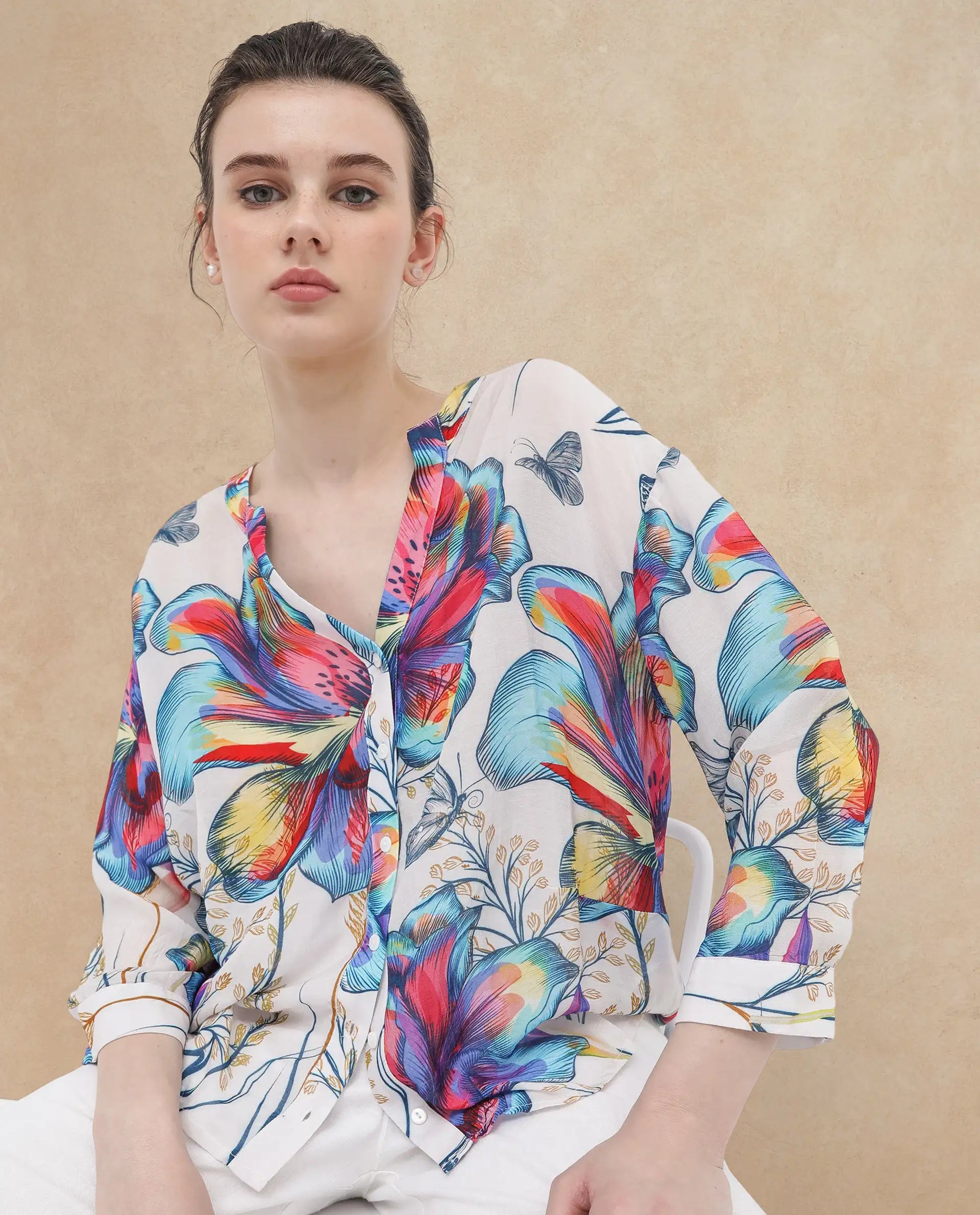 Rareism Women's Layton Multi Rayon Mandarin Collar Floral Print Cuffed Sleeve Relaxed Fit Top