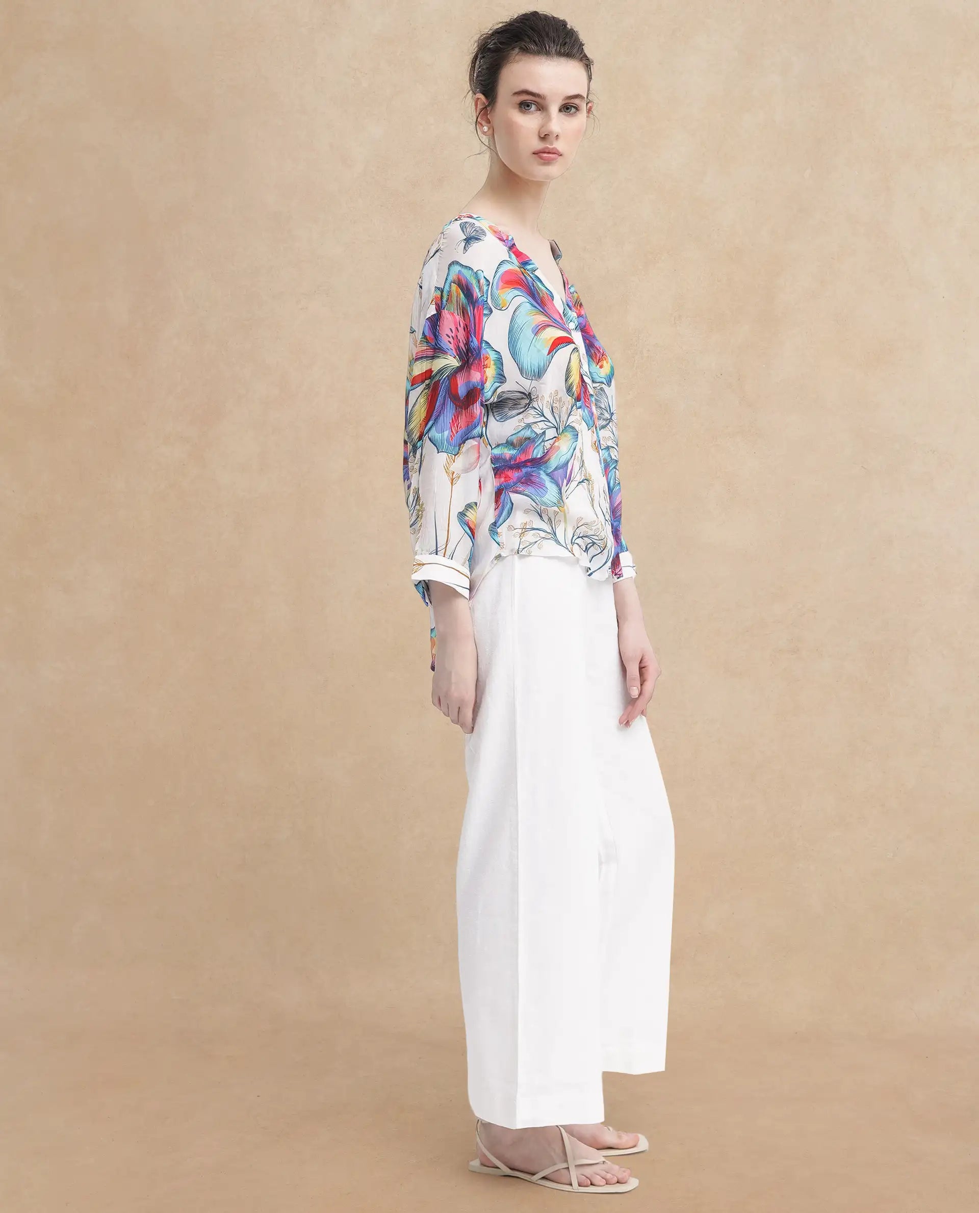 Rareism Women's Layton Multi Rayon Mandarin Collar Floral Print Cuffed Sleeve Relaxed Fit Top