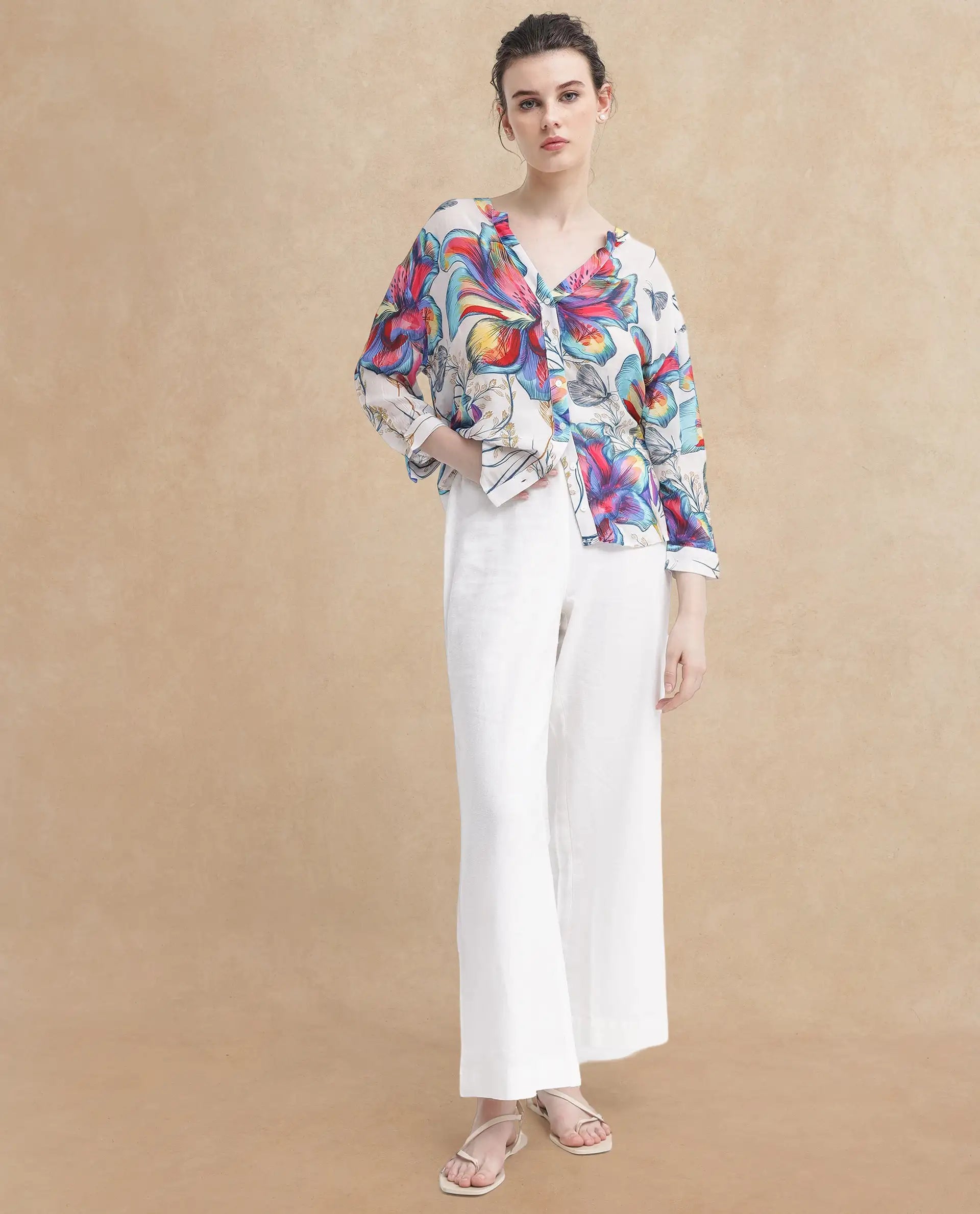 Rareism Women's Layton Multi Rayon Mandarin Collar Floral Print Cuffed Sleeve Relaxed Fit Top