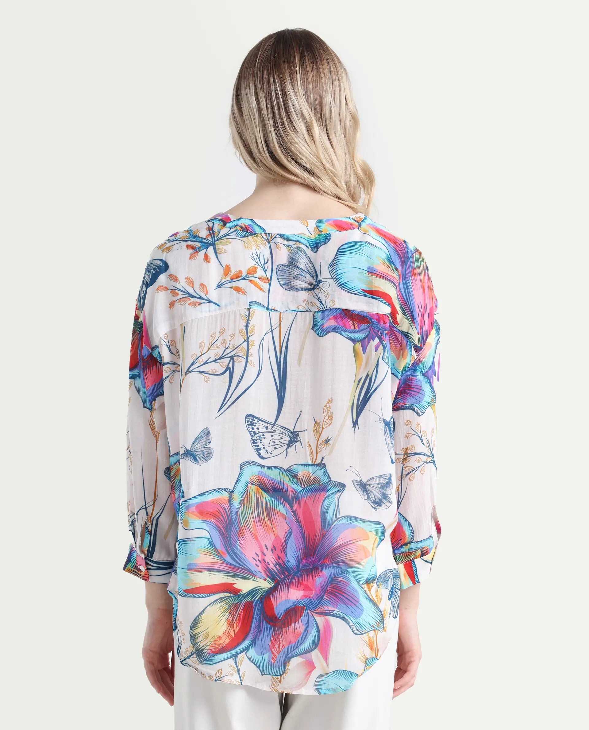 Rareism Women's Layton Multi Nylon Blend Mandarin Collar Floral Print Cuffed Sleeve Relaxed Fit Top