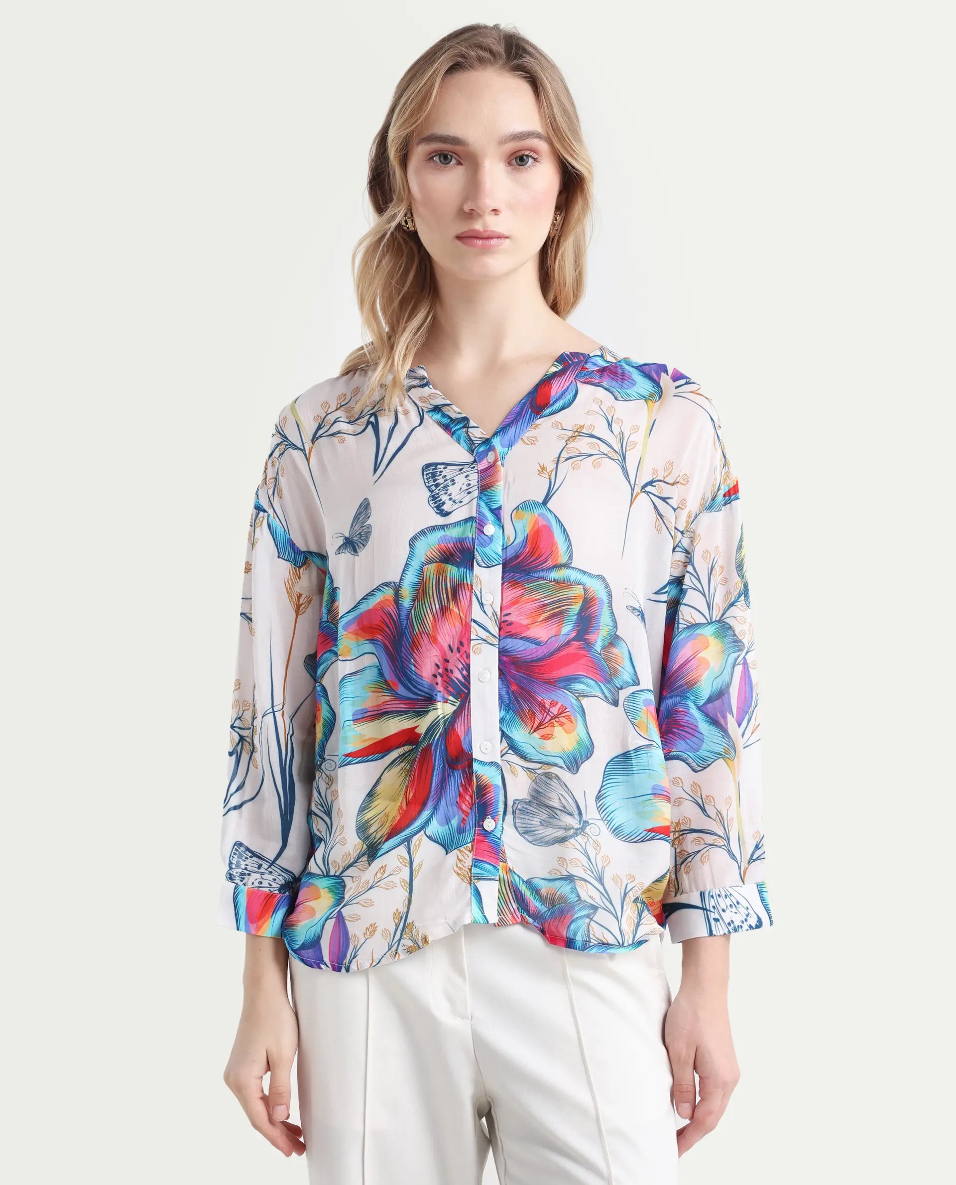 Rareism Women's Layton Multi Nylon Blend Mandarin Collar Floral Print Cuffed Sleeve Relaxed Fit Top