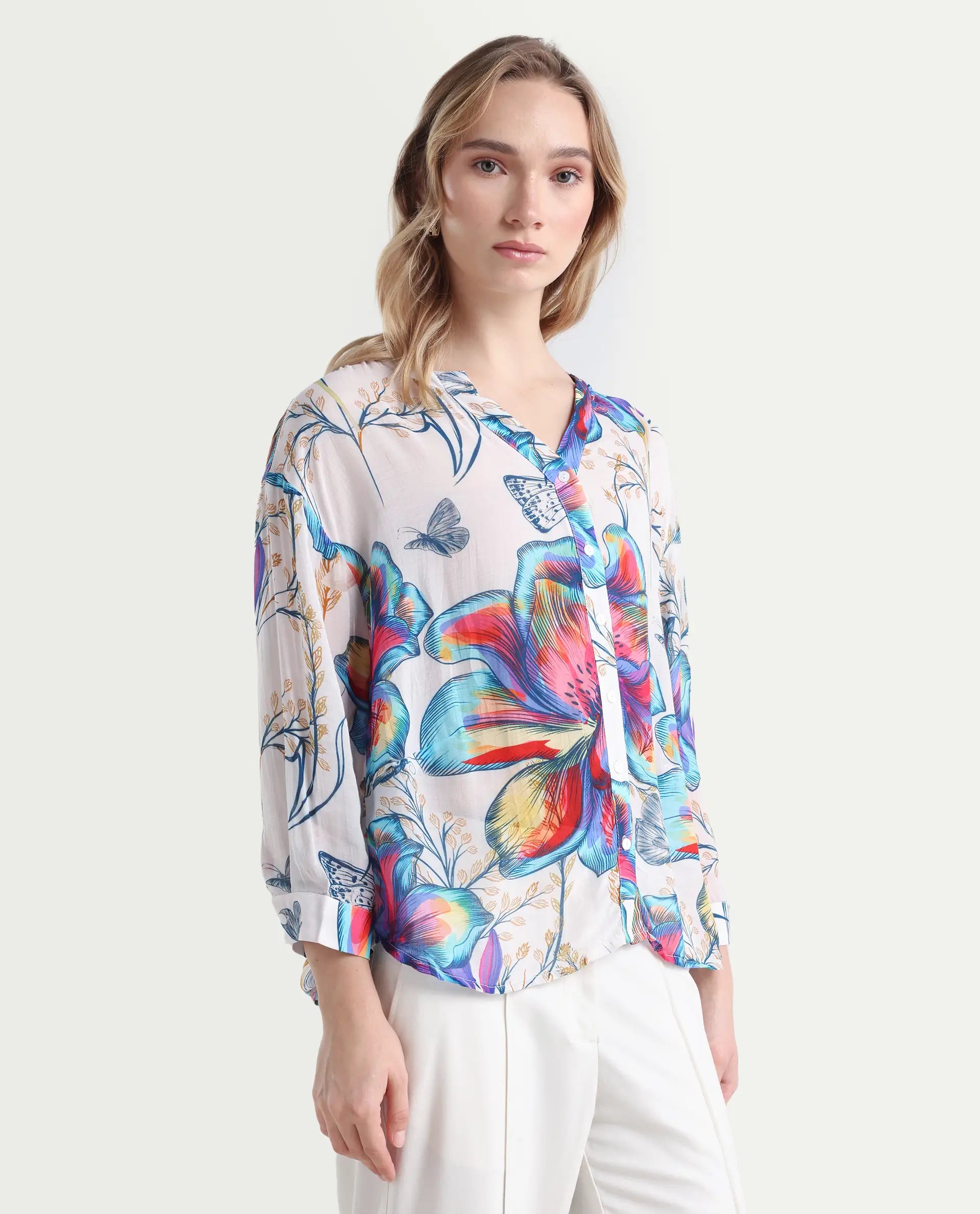 Rareism Women's Layton Multi Nylon Blend Mandarin Collar Floral Print Cuffed Sleeve Relaxed Fit Top