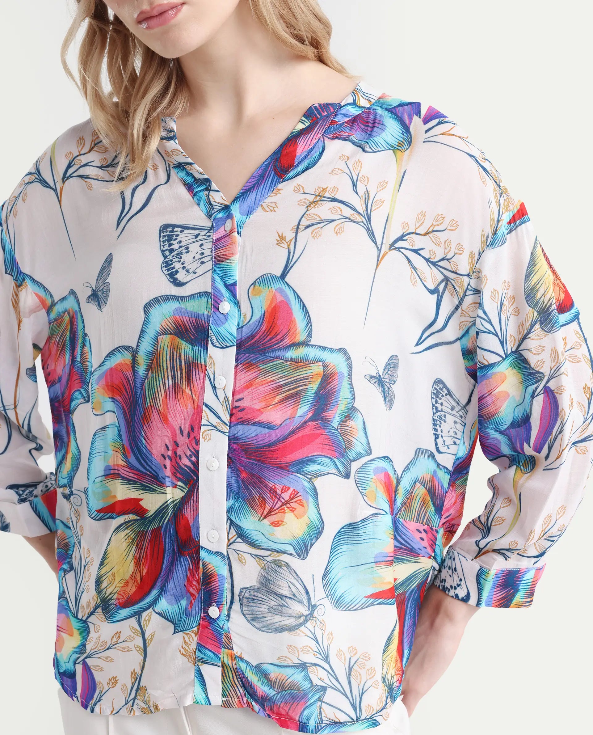 Rareism Women's Layton Multi Nylon Blend Mandarin Collar Floral Print Cuffed Sleeve Relaxed Fit Top