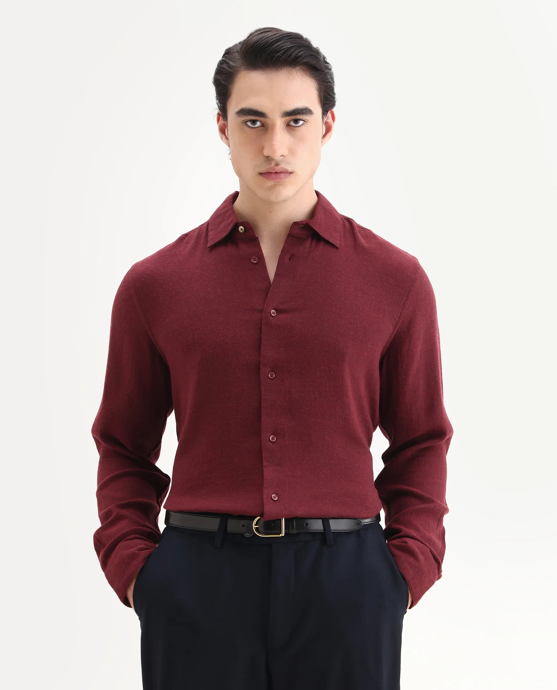Rare Rabbit Men's Layt Red Cotton Blend Fabric Spread Collar Regular Fit Plain Shirt
