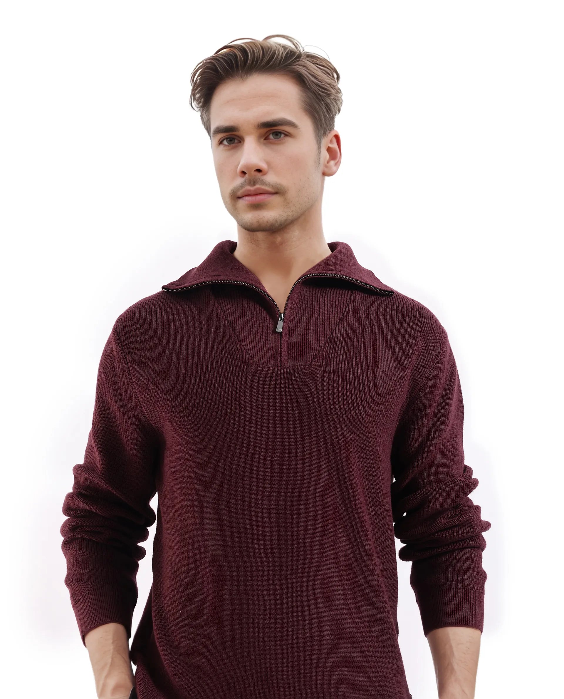 Rare Rabbit Men's Laz Brown Cotton Blend Full Sleeve Broad Collar Zipper Closure Regular Fit Solid Sweater