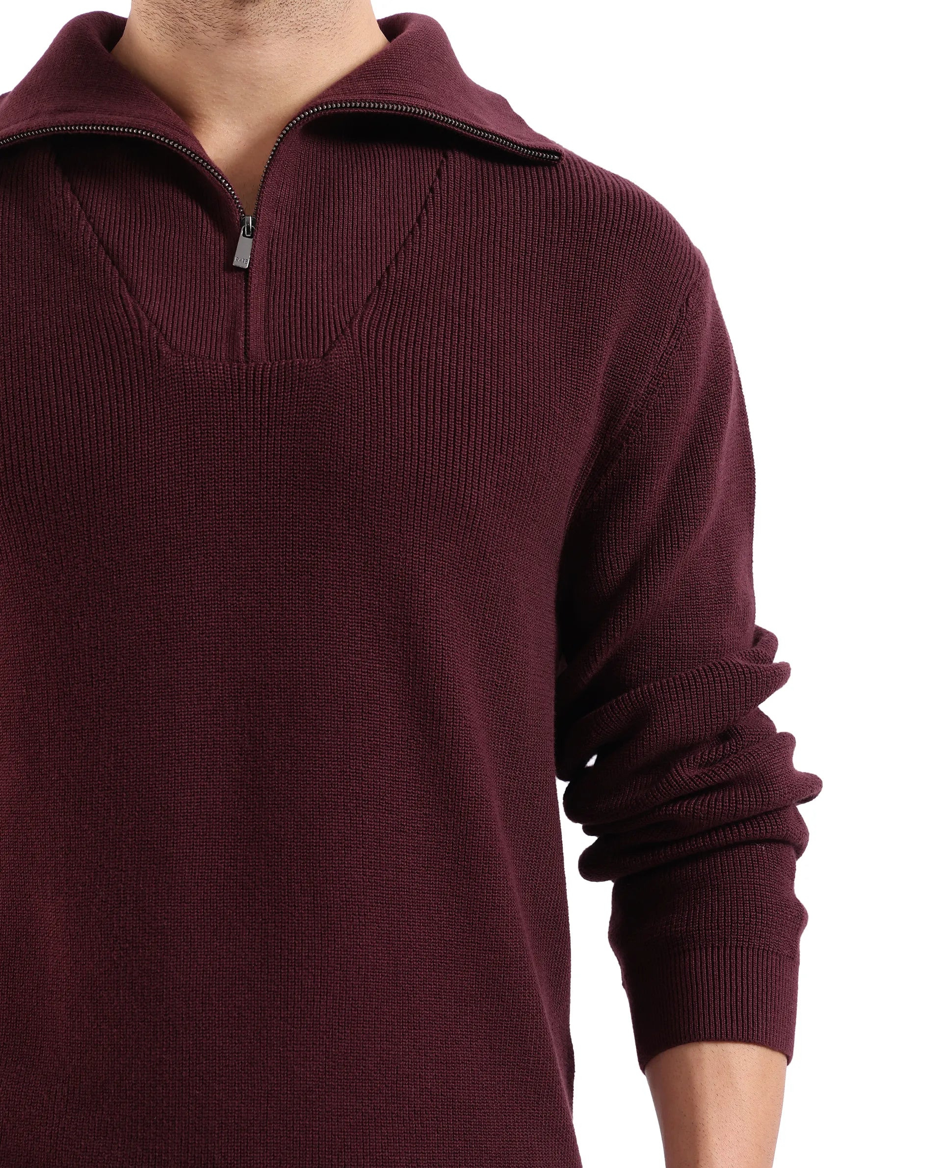 Rare Rabbit Men's Laz Brown Cotton Blend Full Sleeve Broad Collar Zipper Closure Regular Fit Solid Sweater