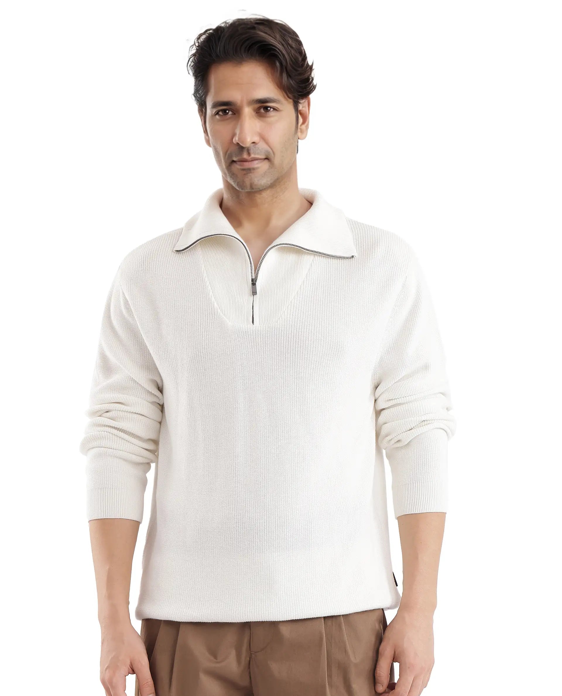Rare Rabbit Men's Laz Off White Cotton Blend Full Sleeve Broad Collar Zipper Closure Regular Fit Solid Sweater