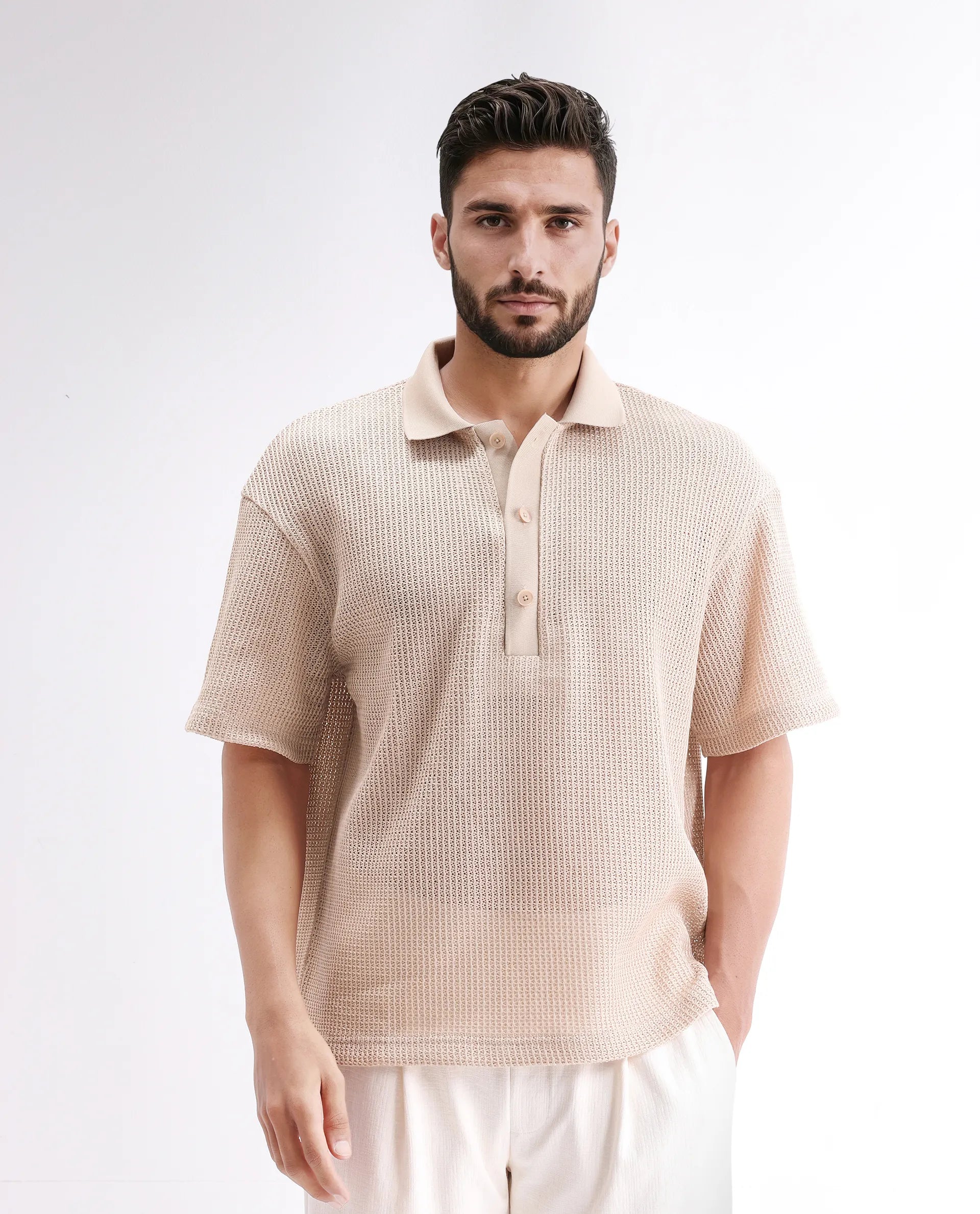 Rare Rabbit Men's Lbiza Beige Cotton Plain Regular Fit Half Sleeve Collared Shirt