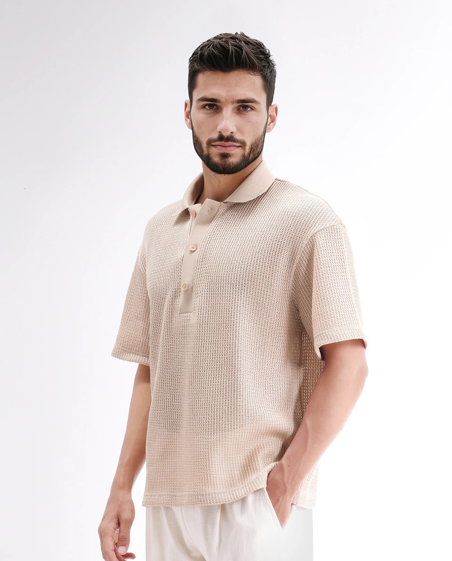 Rare Rabbit Men's Lbiza Beige Cotton Plain Regular Fit Half Sleeve Collared Shirt