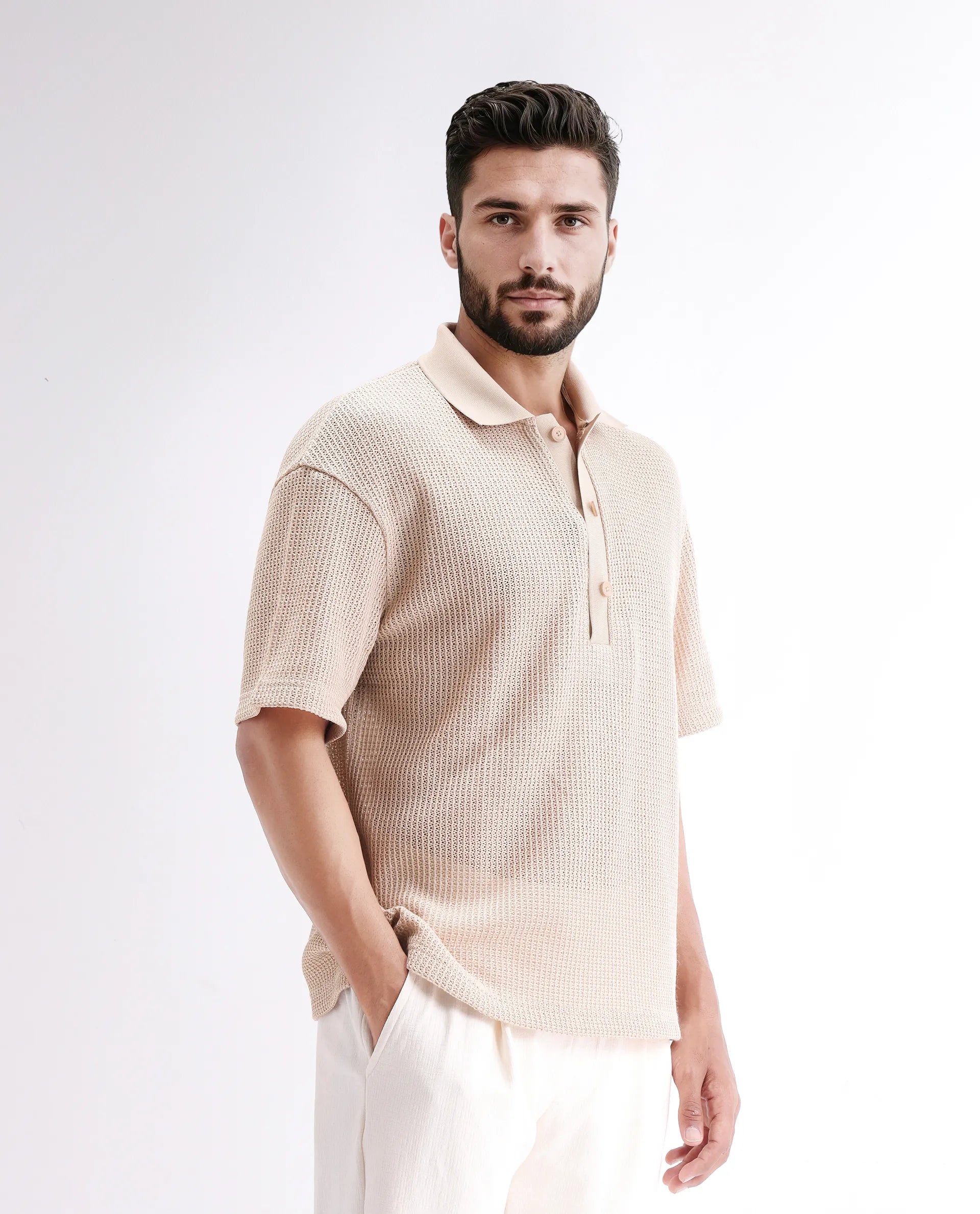 Rare Rabbit Men's Lbiza Beige Cotton Plain Regular Fit Half Sleeve Collared Shirt